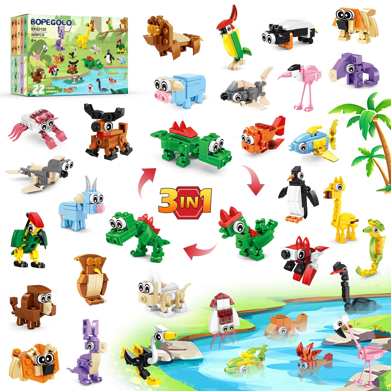 BOPEGOLO 22 Pack Party Favors for Kids – 3-in-1 Animal Building Block Toys, Featuring 66 Designs, Goodie Bag Stuffers, Classroom Rewards, Birthday for Kids Ages 6-12