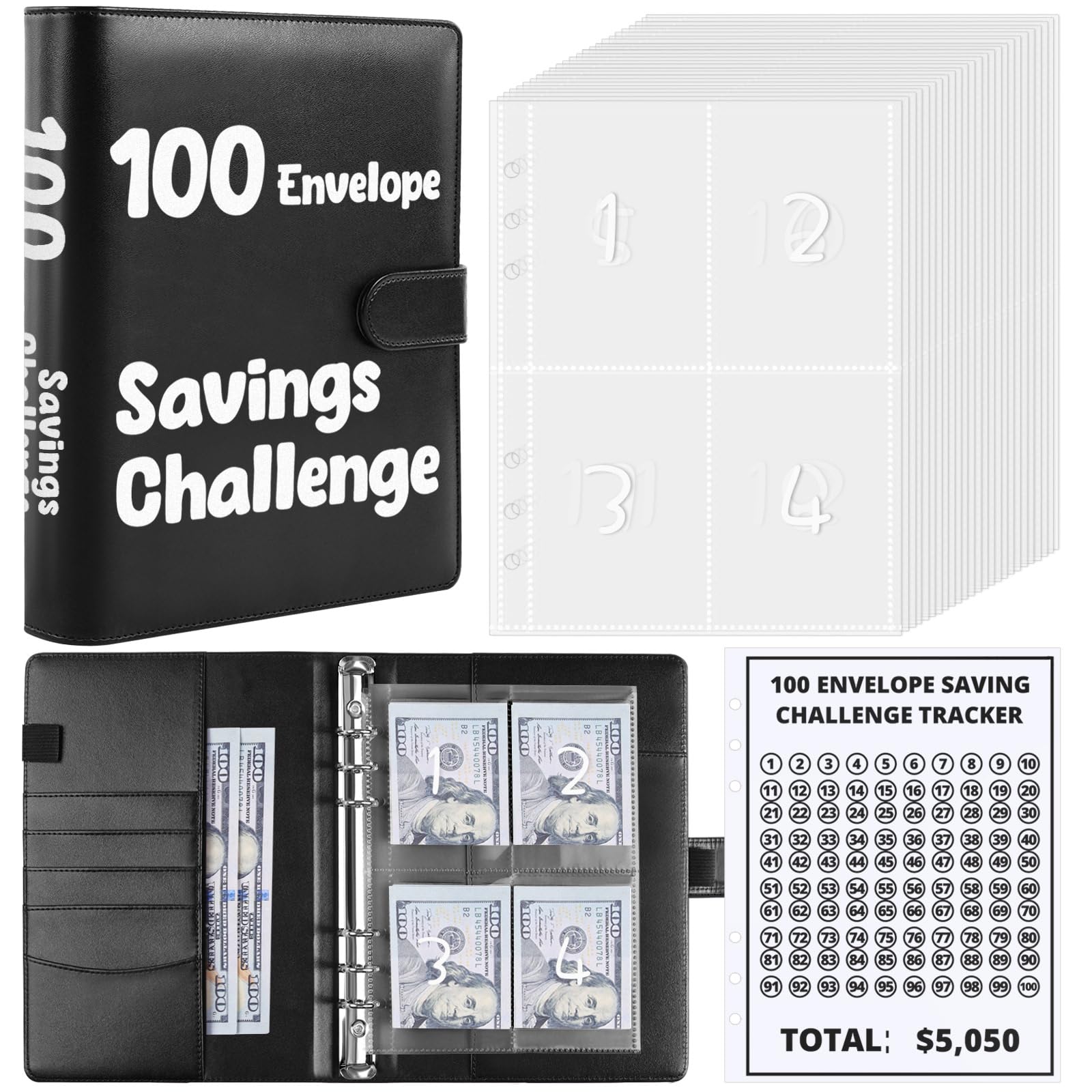 SKYDUE 100 Envelopes Money Savin Challenge Binder, A5 Money Saving Budget Binder with Cash Envelopes - Savings Challenges Book to Save $5,050