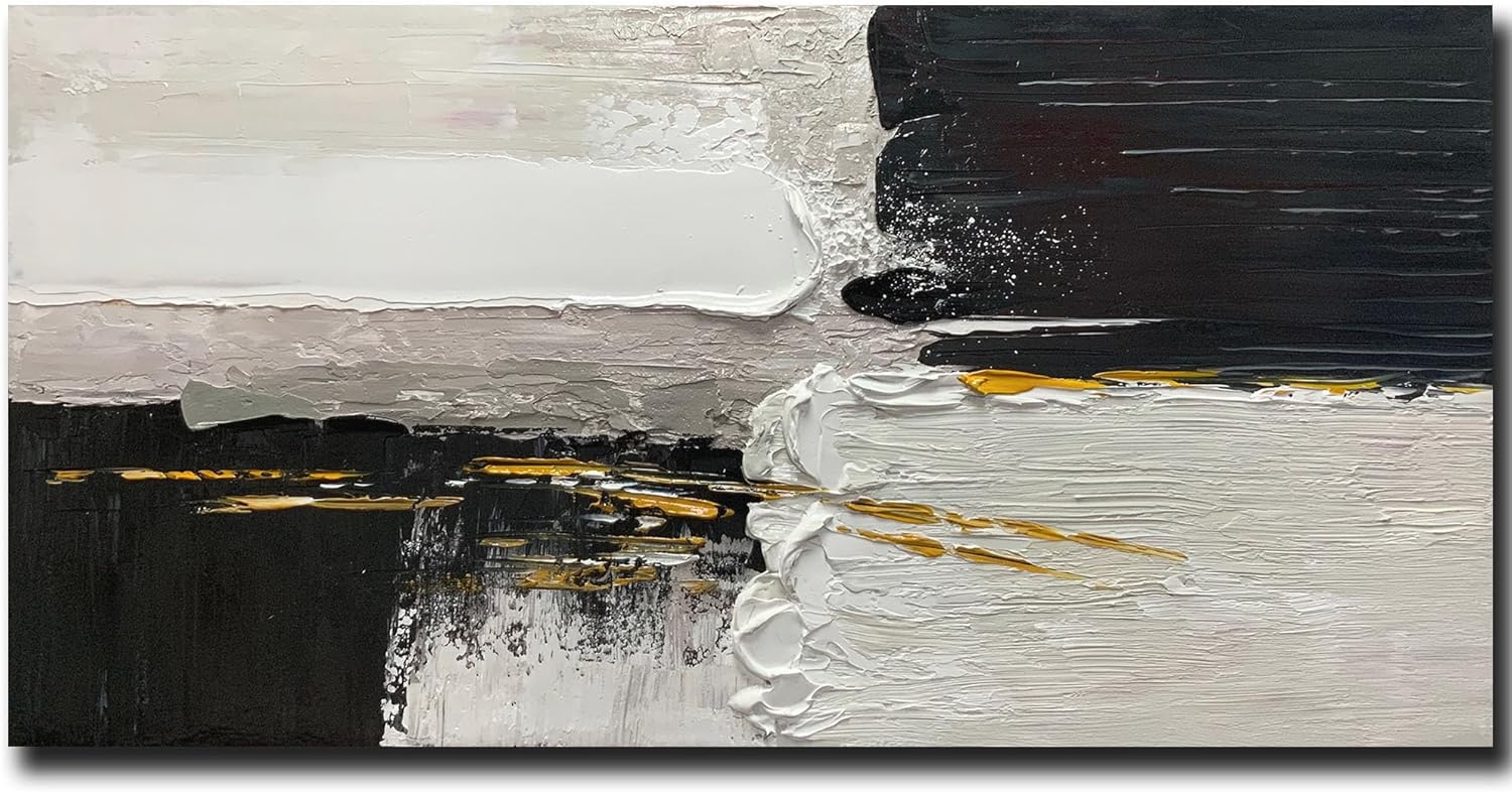 Boiee Art,24x48Inch Hand Painted Abstract Acrylic Wall Art Textured Black Yellow Beige Minimalist Oil Painting Contemporary Wrapped Canvas Artwork for Bedroom