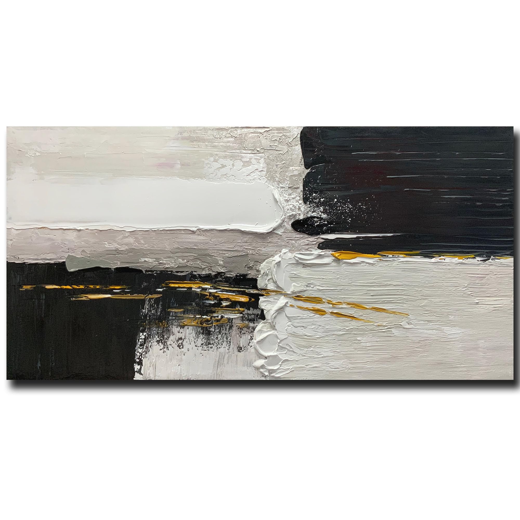 Boiee Art,24x48Inch Hand Painted Abstract Acrylic Wall Art Textured Black Yellow Beige Minimalist Oil Painting Contemporary Wrapped Canvas Artwork for Bedroom