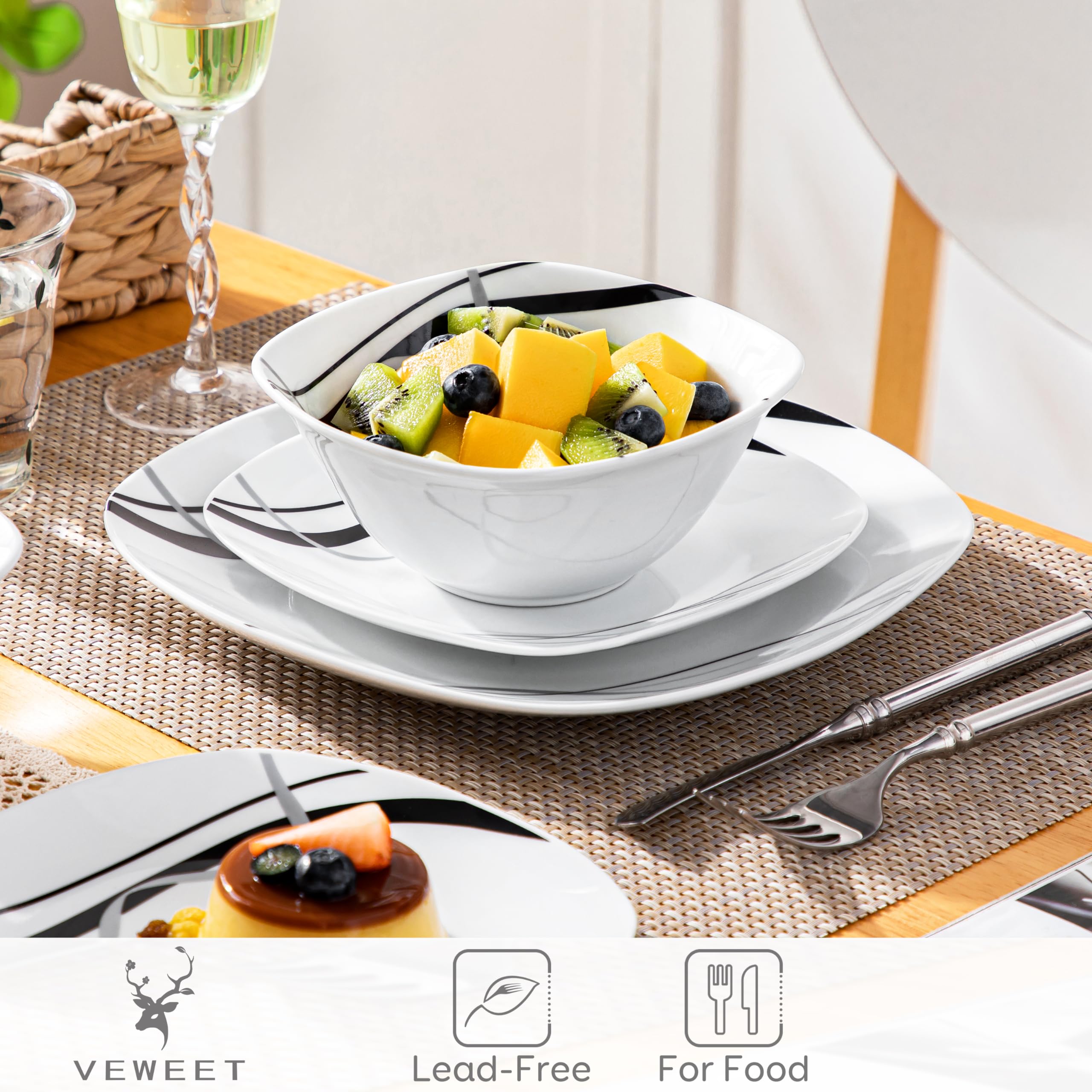 VEWEET Juego de platos y cuencos, vajilla de porcelana para 4, juego de 12 platos que incluye platos llanos, platos de postre y cuencos de cereales, serie Fiona
