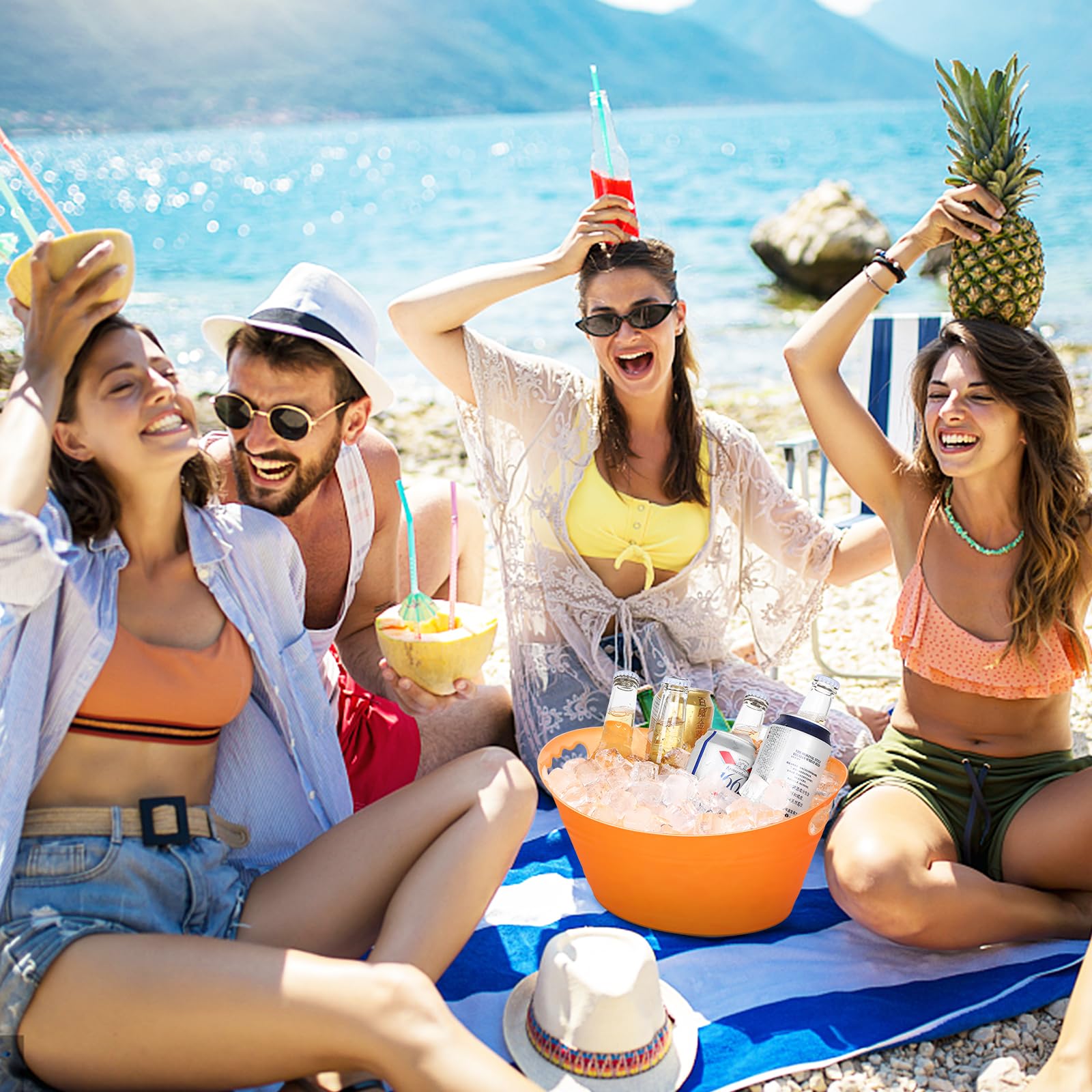 8Pcs Ice Bucket, Plastic Ice Buckets for Parties, Drink Buckets with Handles Beverage Buckets Oval Storage Plastic Tub for Wine Beer Champagne Bottles, 4.3Liter (set-1)