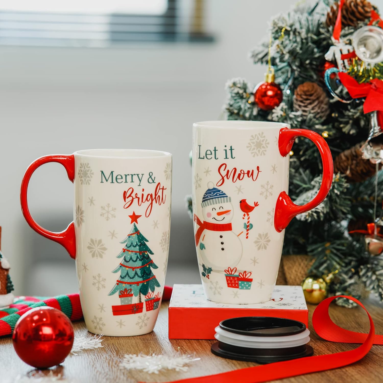 Topadorn Ceramic Coffee Mug Tall Ceramic Christmas Cup with Lid and Matching Color Box.17 oz.Christmas Tree - Image 8