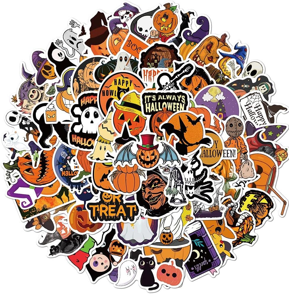 Halloween Stickers 100Pcs for Kids, Teens, Adults, Vinyl Waterproof Halloween Pumpkin Bat Spider Ghost Skull Stickers Decal for Water Bottle, Laptop, Computer, Luggage, Guitar, Skateboard, Car