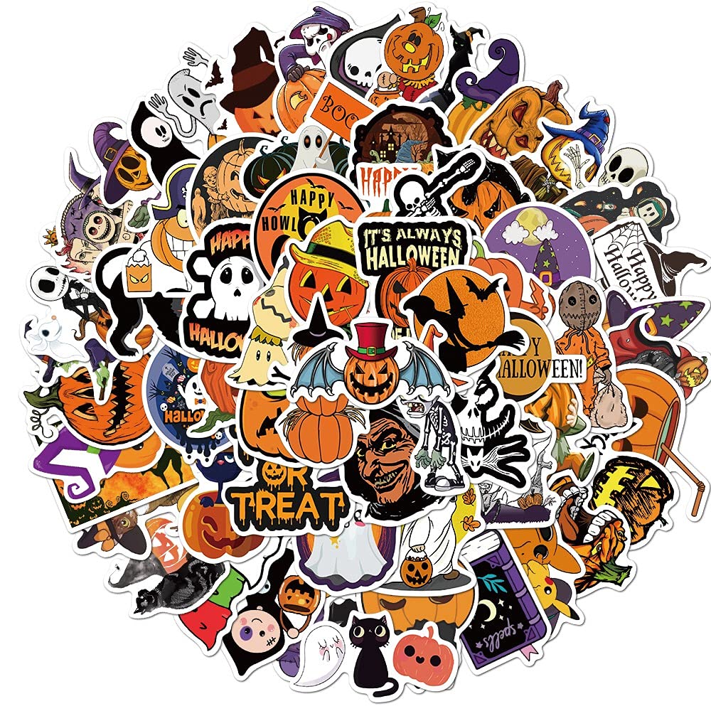 Halloween Stickers 100Pcs for Kids, Teens, Adults, Vinyl Waterproof Halloween Pumpkin Bat Spider Ghost Skull Stickers Decal for Water Bottle, Laptop, Computer, Luggage, Guitar, Skateboard, Car
