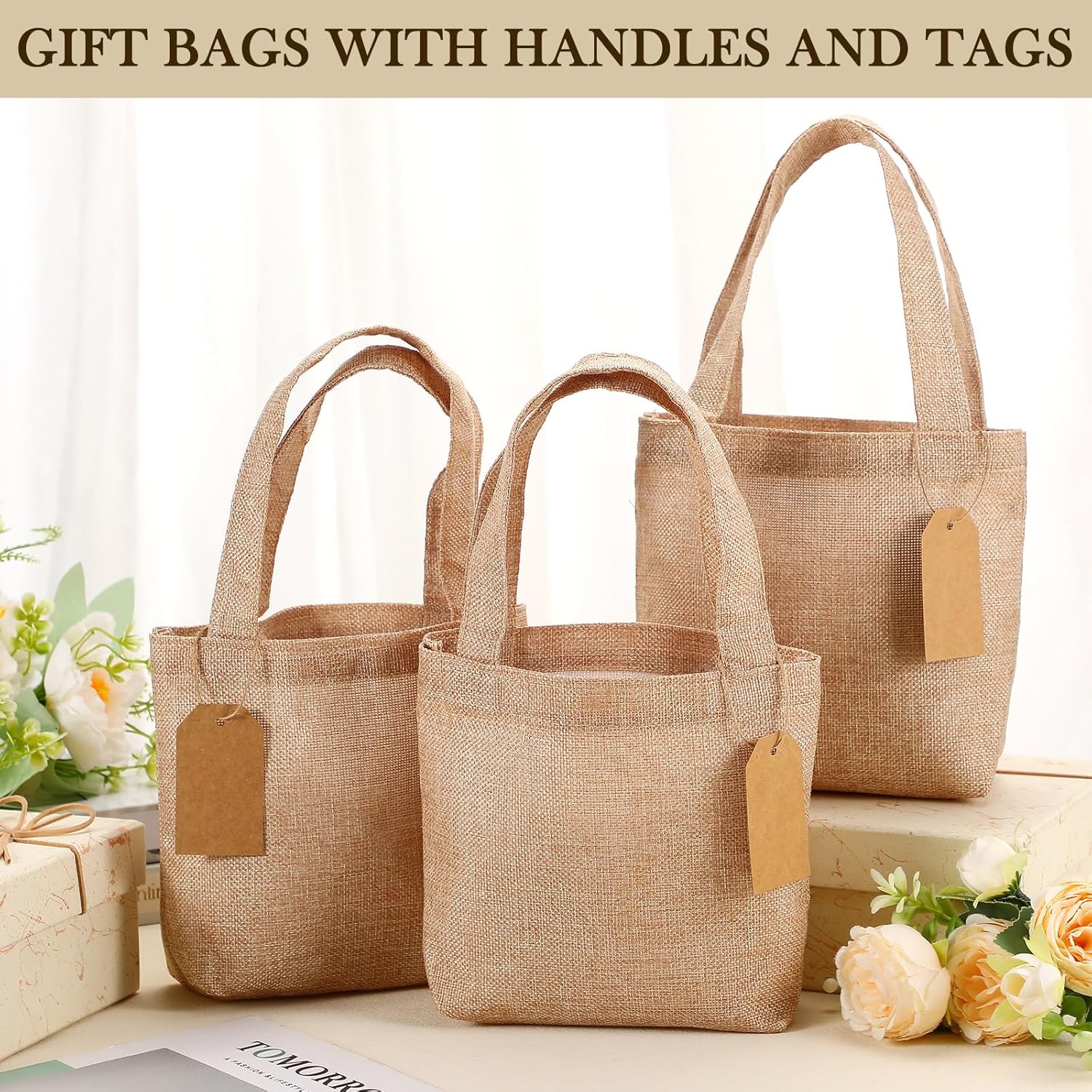 Aliceset 12 Pcs Mini Burlap Tote Bags with Handles Reusable Burlap Gift Bags with Tags Small Wedding Welcome Bridesmaids Jute Bag Bulk for Party Supplies DIY Craft (6.3 x 6.3 x 2.8 Inch,Light Brown)