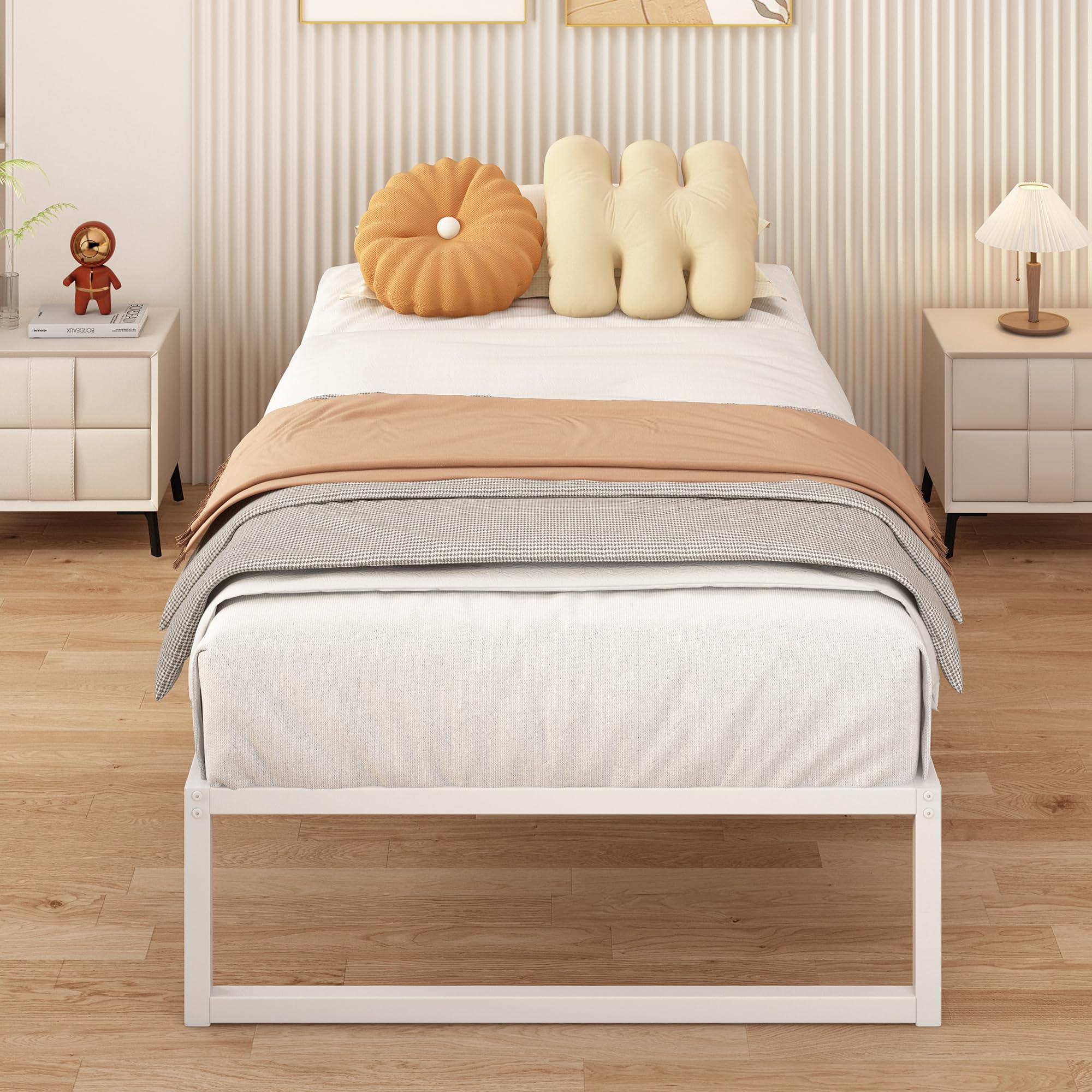Cama Individual de Metal 80x190 cm, Estructura con Soporte de Listones de Acero, 30 cm de Altura, Blanco
