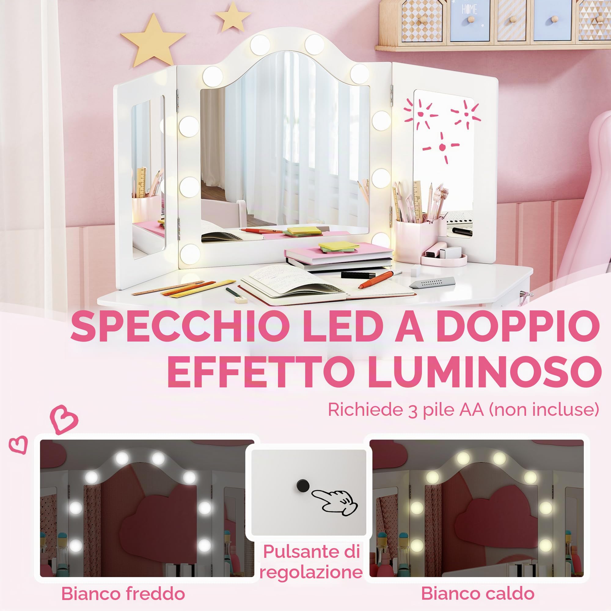 AIYAPLAY Tavolino da toilette per bambini 2 in 1 con sgabello, scrivania per bambine con specchio trittico e luci LED bicolore, tasca laterale portaoggetti, tavolo da trucco per bambini dai 3 agli 8