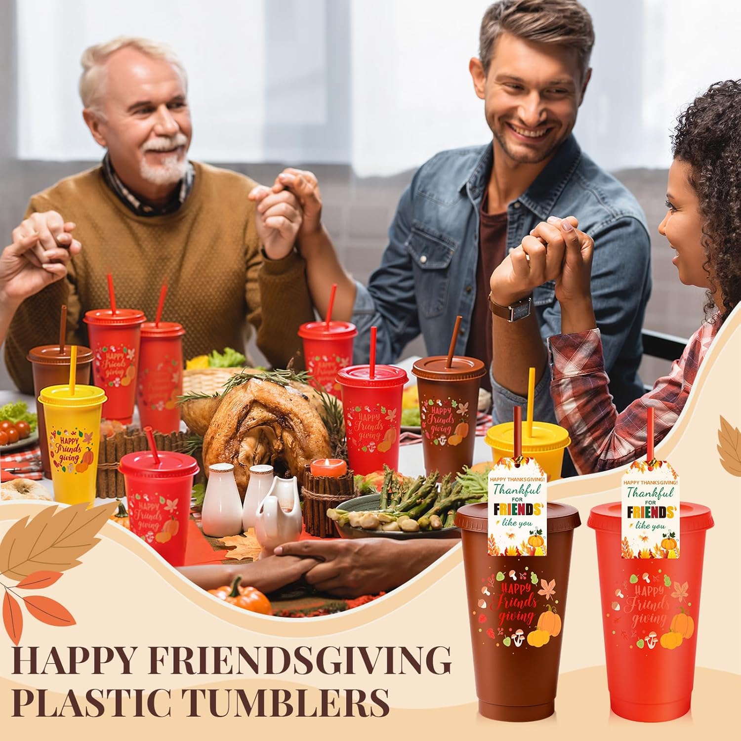 LemonRoad 24 Set Happy Friendsgiving Plastic Cups with Lids and Straws 24 oz Thanksgiving Fall Pumpkin Tumbler Bulk Reusable Coffee Cups with Thank You Tags for Autumn Celebration Appreciation Gifts