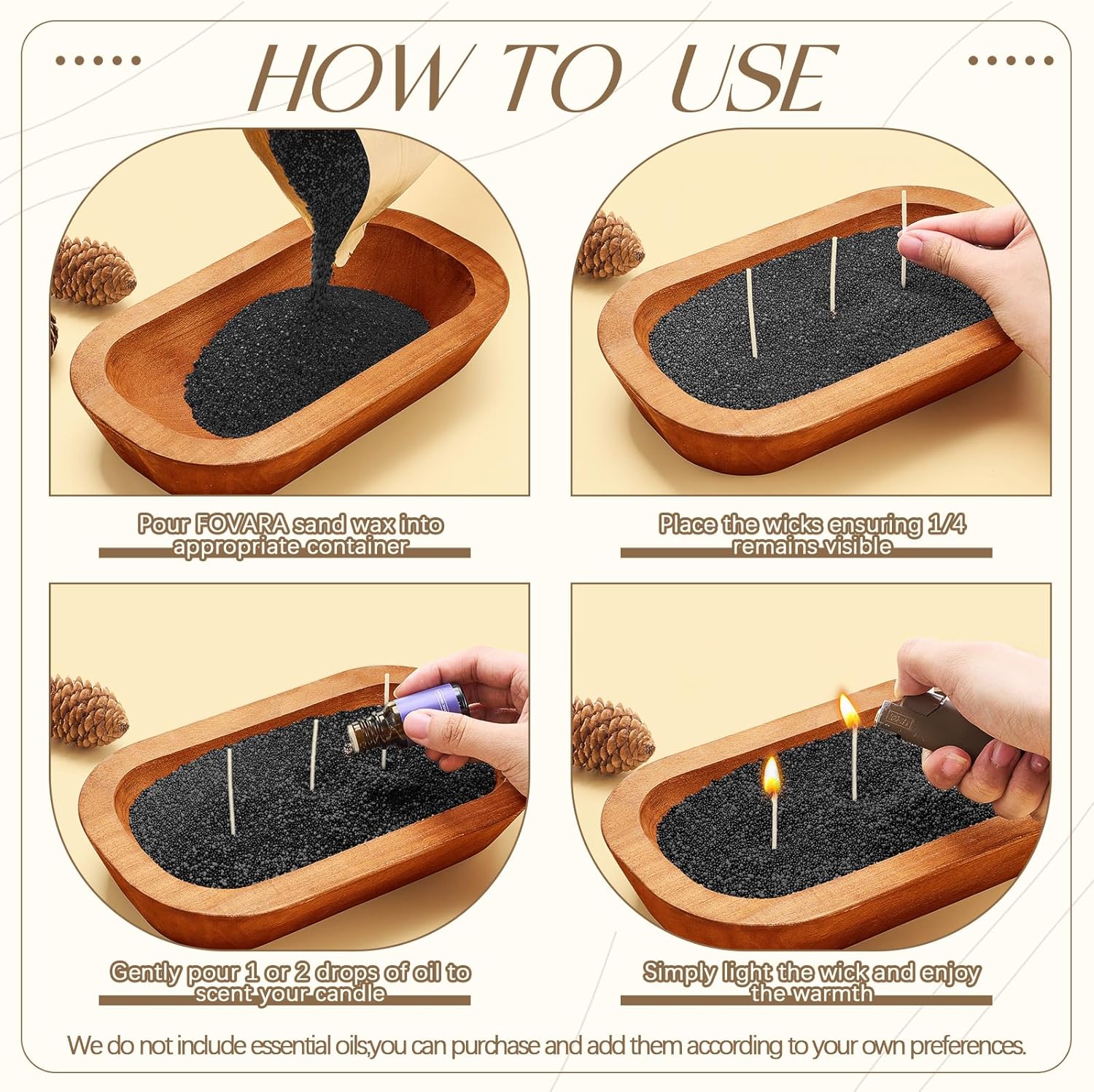 Nuanchu Pearled Sand Candles with Wicks 3.3 lbs Sand Wax Candle Kit-Wooden Dough Bowl, 100 Wicks, Long-Lasting Candle Beads, Non-Toxic, Reusable, Black
