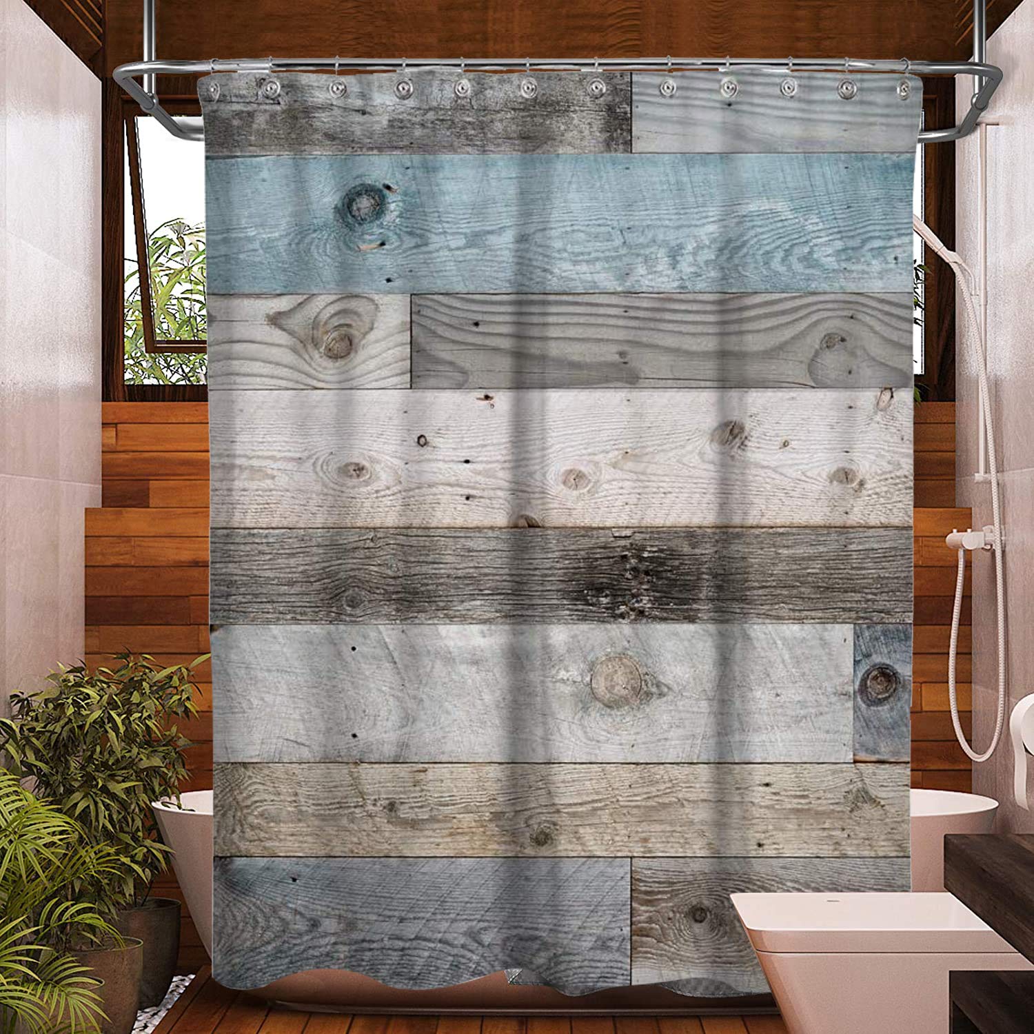 Wooden Shower Curtain Rustic Shower Curtain Farmhouse Shower Curtain Barn Door Blue Teal Floor Planks Wood Looking Western Country Shower Curtain Vintage Bath Curtain for Bathroom Decor(70" L70 W)
