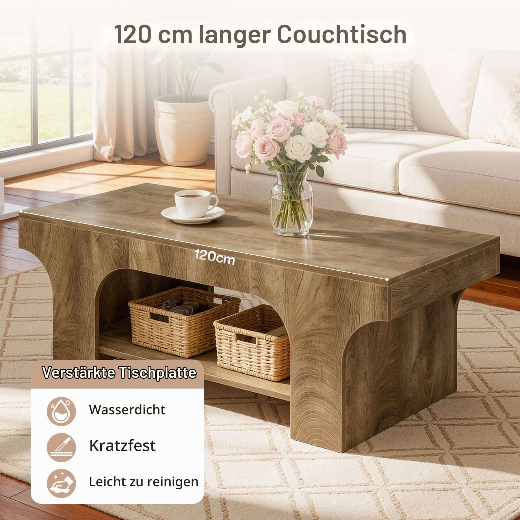 Tribesigns Couchtisch 120cm, 2-Ebenen Rechteckig Wohnzimmertisch, Modern Farmhouse Kaffee Tisch mit Stauraum, Holz Akzent Tisch für Schlafzimmer, Home Office, Wohnbereich, Braun