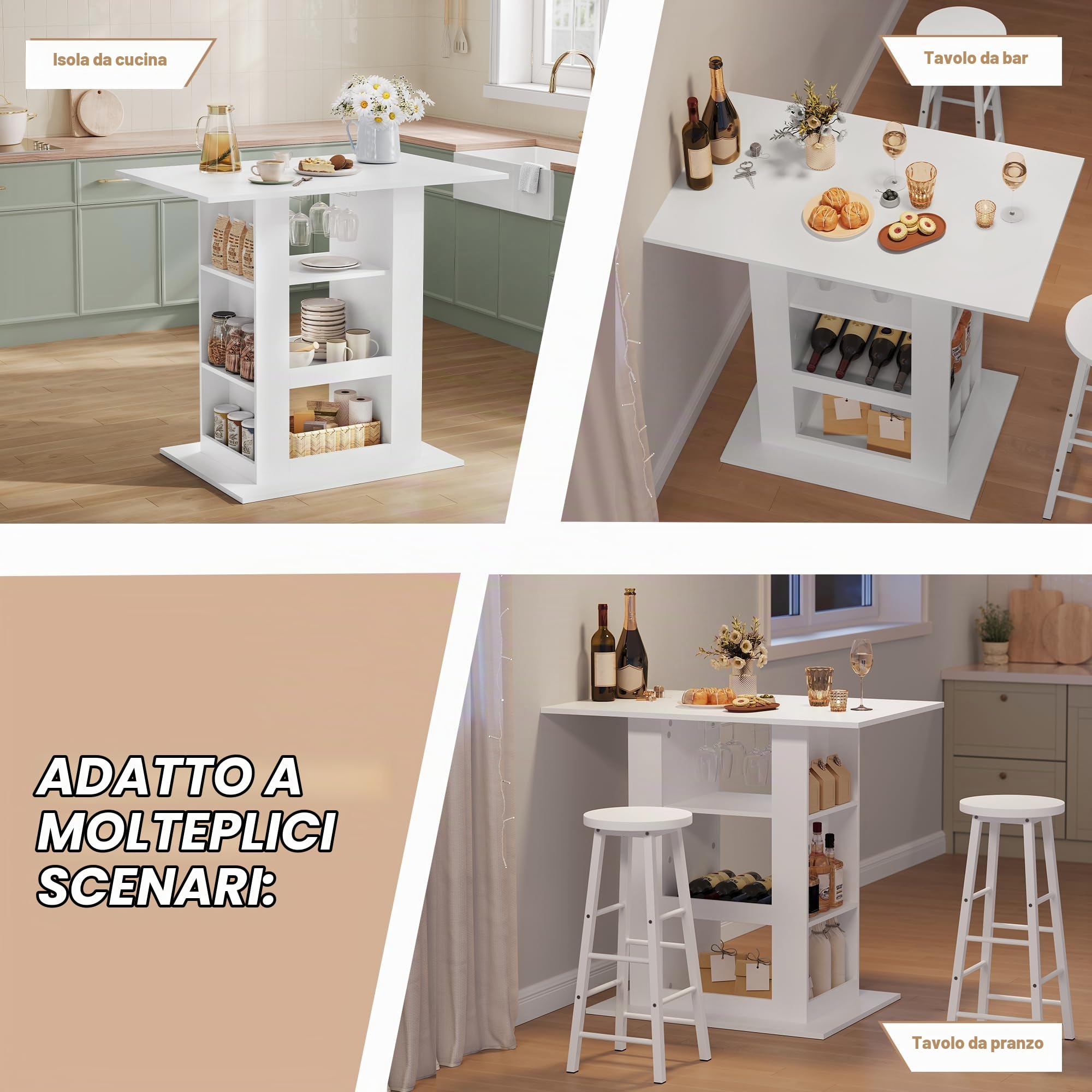 WOLTU Tavolo da Bar con Vano Portaoggetti, Tavolo da Bistrot con 2 Portabicchieri, Bancone Bar per Bar Cucina Soggiorno, 105x94x68 cm, Bianco