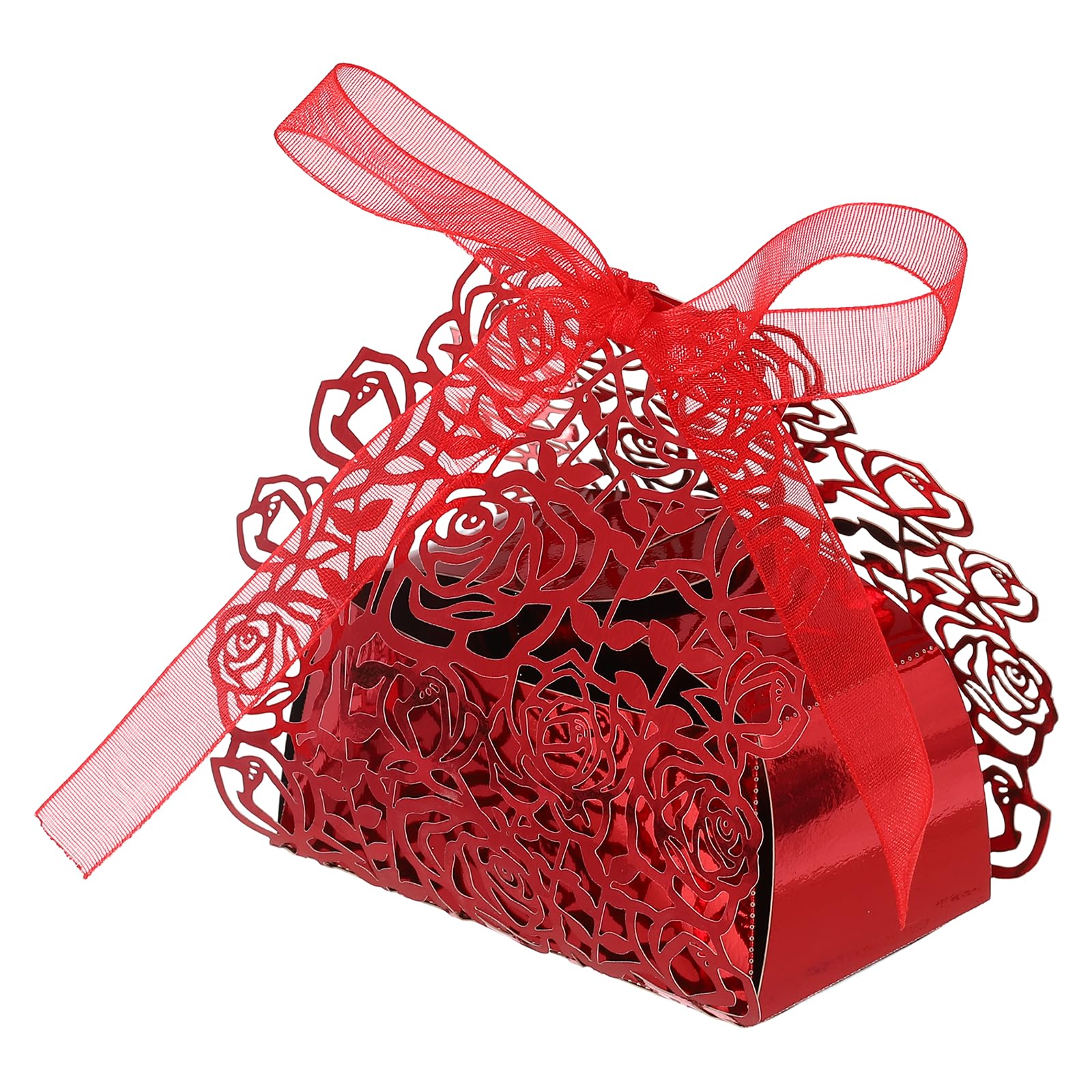 PATIKIL Laser Cut Rose Candy Boxes,(Red) (50Pcs), Creative Romantic Favors Gift Boxes with Ribbons for Wedding/Birthday Party/Anniversary/Baby Shower
