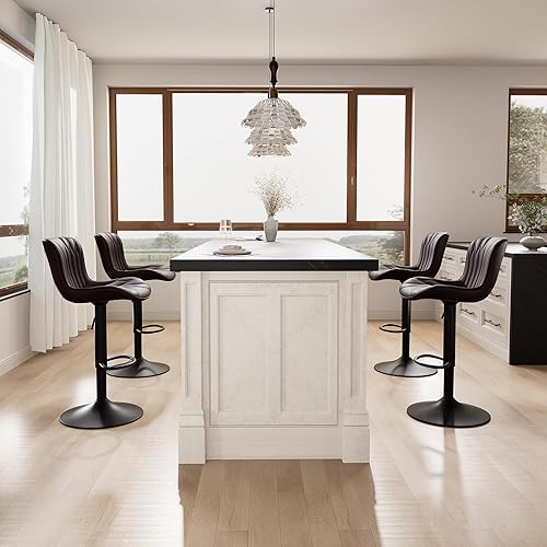 Miniatura 9 de YOUNIKE Taburetes de bar individuales marrones modernos giratorios de altura de mostrador con respaldo ajustable isla de cocina de piel sintética