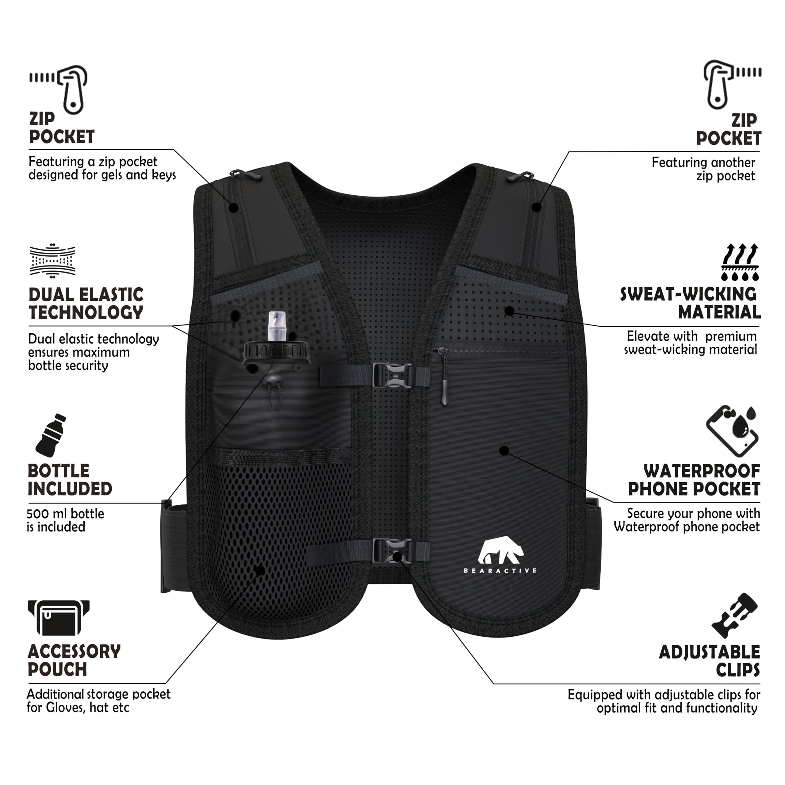 Running Phone Holder with 500ml Running Water Bottle - Adjustable Strap and 6 Pockets - Running Hydration Vest, Running Vest Women & Men - Running Gifts