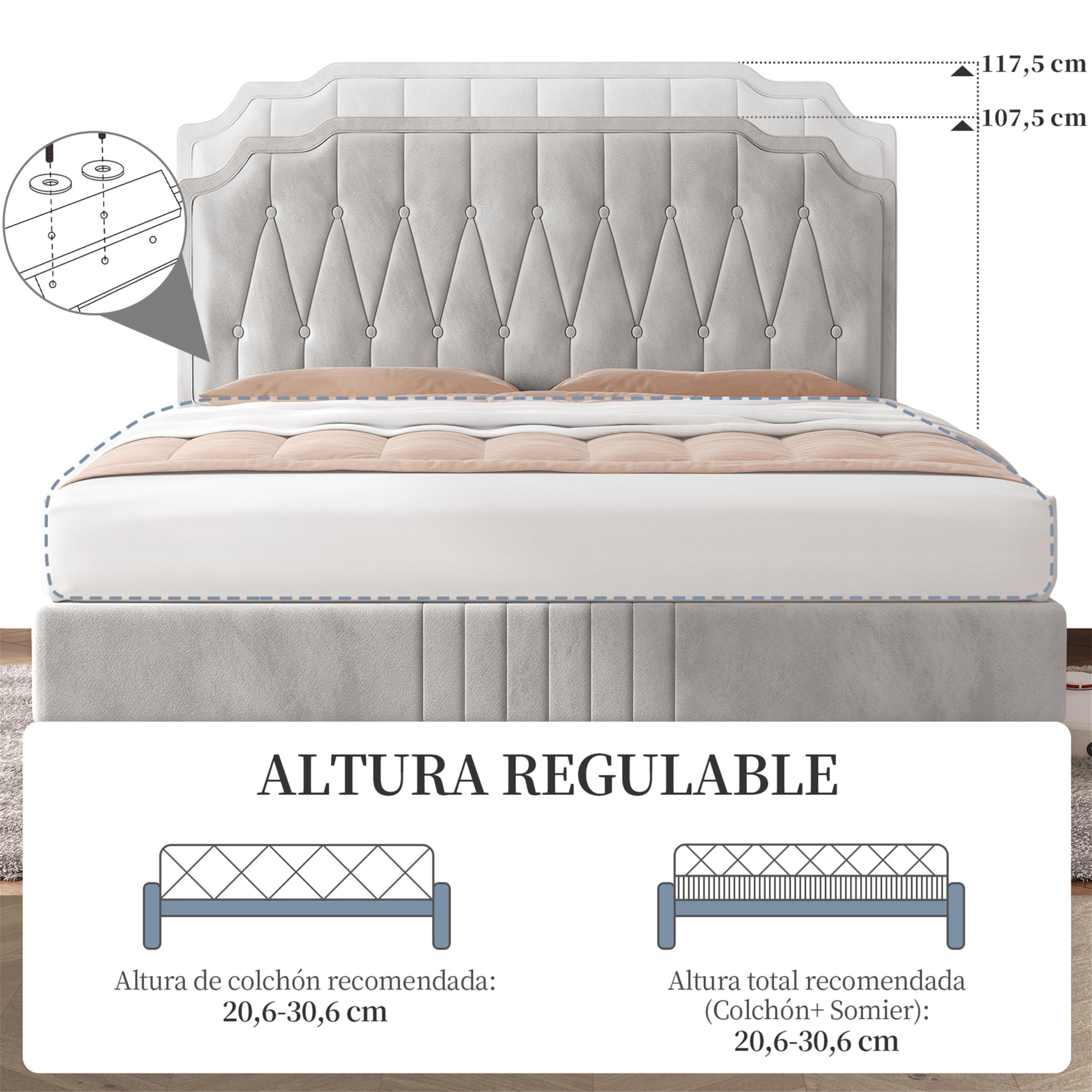 Yaheetech Cama Tapizado en Terciopelo Cama de Matrimonio con Cabecero Ajustable en Altura Marco de Cama Soporte con Listones de Madera 140 × 200 cm Beige