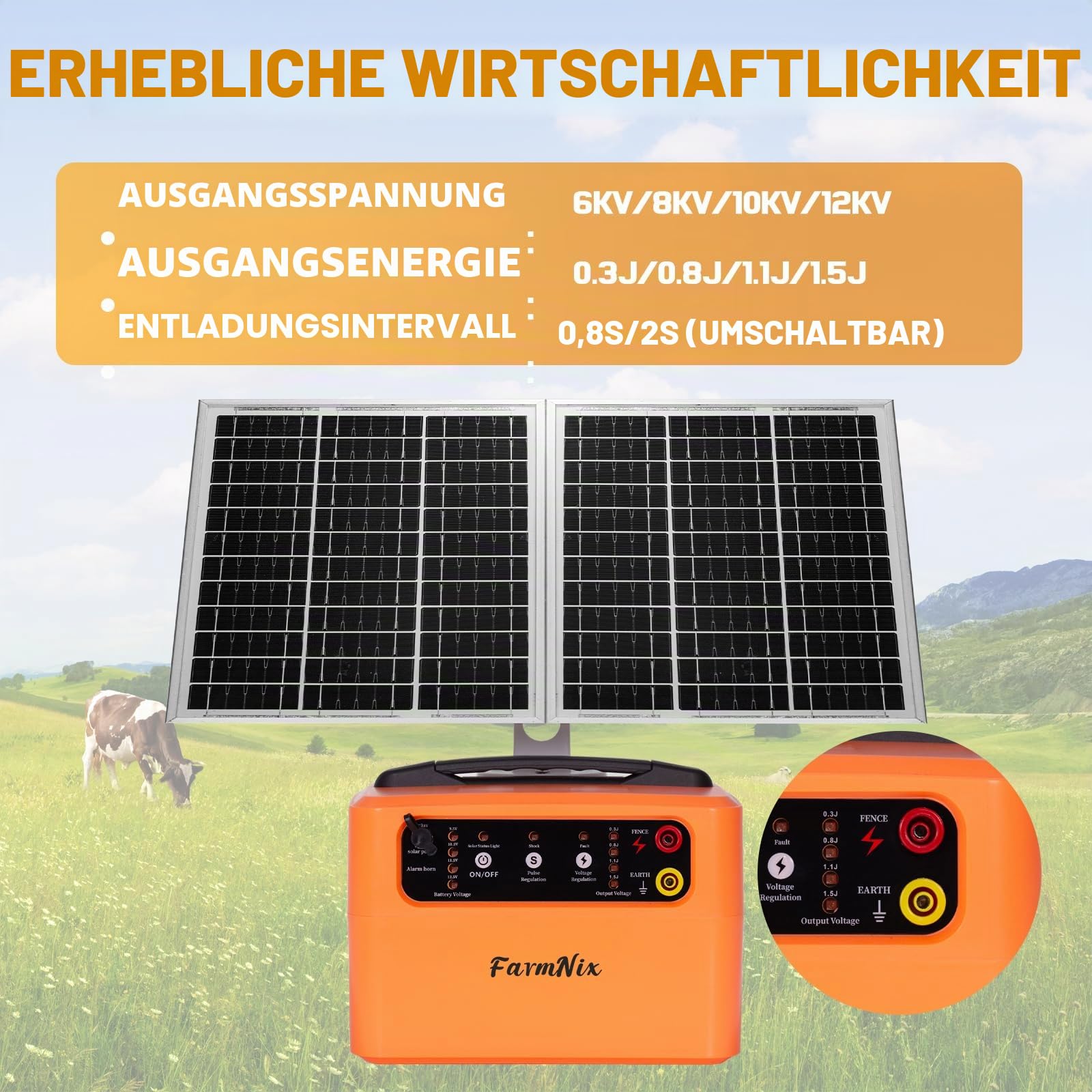 Weidezaungerät Solar 12V, Elektrozaungerät 0.3-1.5J, 6KV-12KV | bis 48KM Reichweite, inkl. 15W Solarpanel & 12V 7Ah Akku, für Rinder, Pferde, Schafe, Hunde & Geflügel