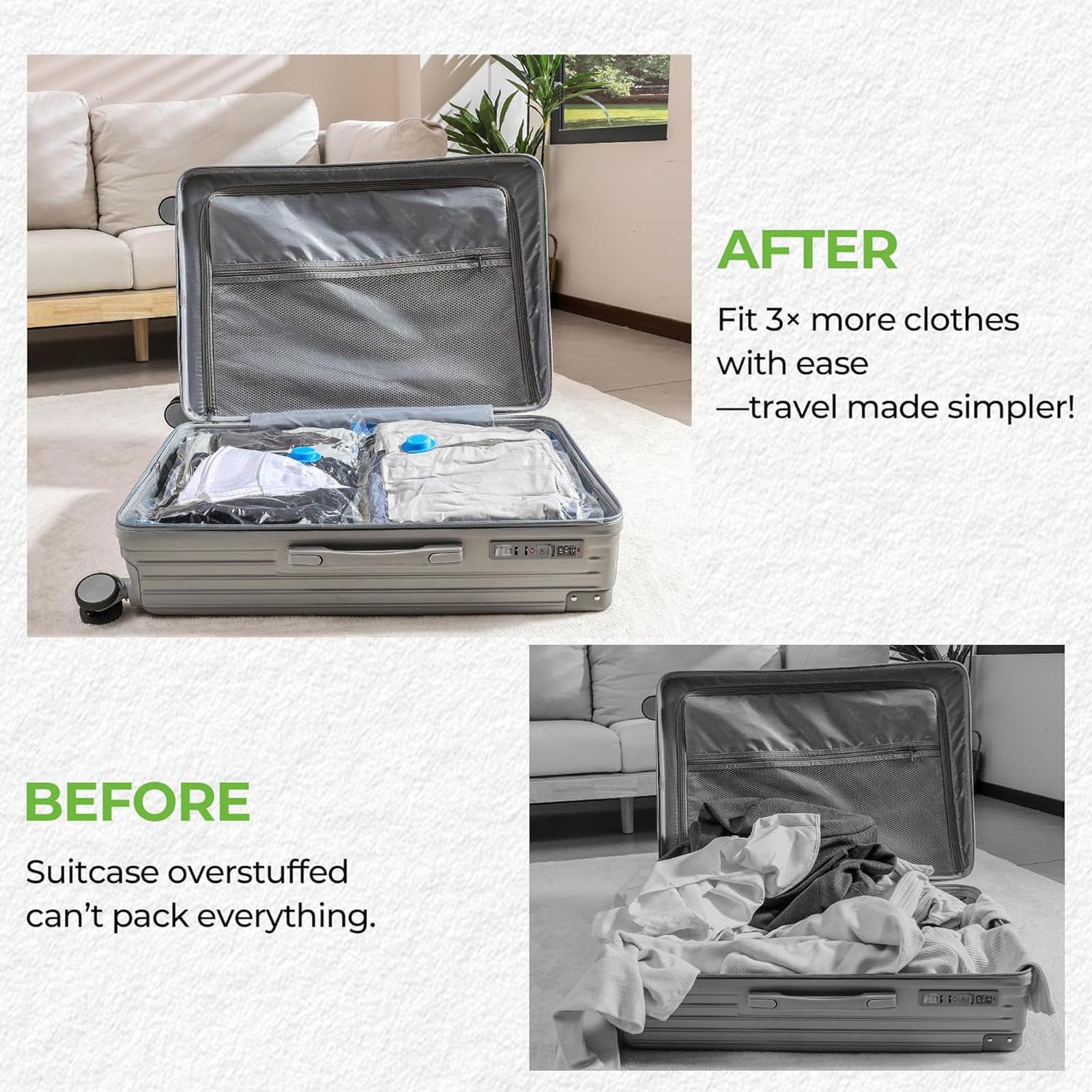 Juego de 12 Bolsas de Vacío para Viaje con Bomba Recargable Inalámbrica, Bolsas de Almacenamiento al Vacío de 3 Tamaños para Ropa,Ropa de Cama y Almacenamiento Estacional,Ahorra Espacio en el Equipaje