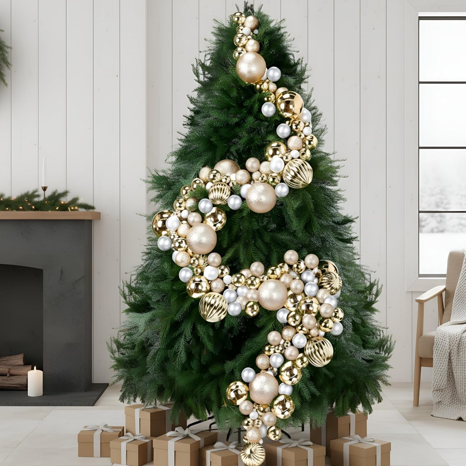 9.8 Ft Christmas Ball Garland Ornaments Bauble Garland Glitter Shatterproof Christmas Tree Ball Ornaments for Xmas Party Supplies Home Indoor Outdoor Decoration(Champagne Gold)