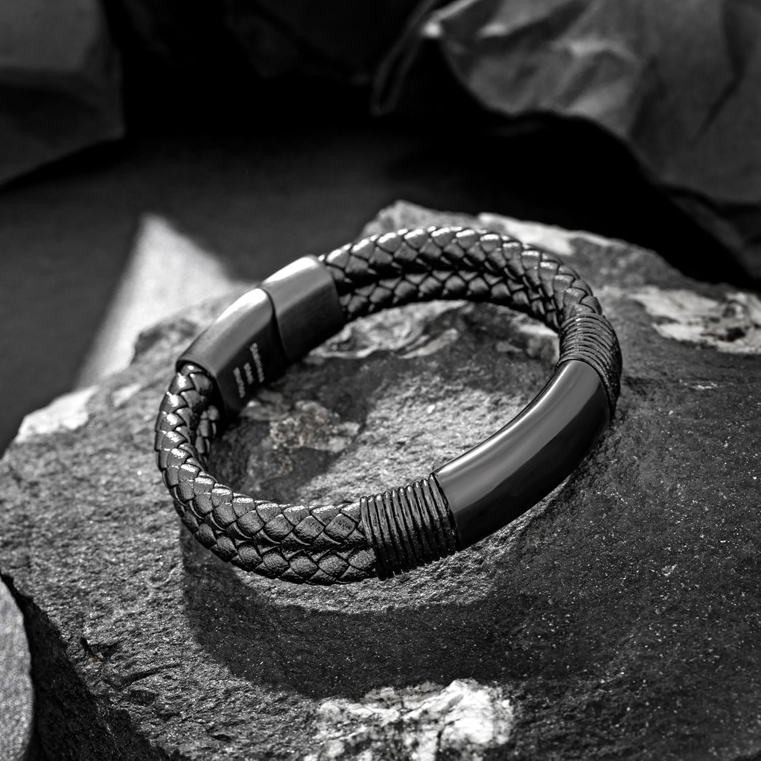 murtoo Mens Bracelet Leather and Steel, Double Row Braided Bracelets for Men with Stainless Steel and Leather, Stylish Gift for Men