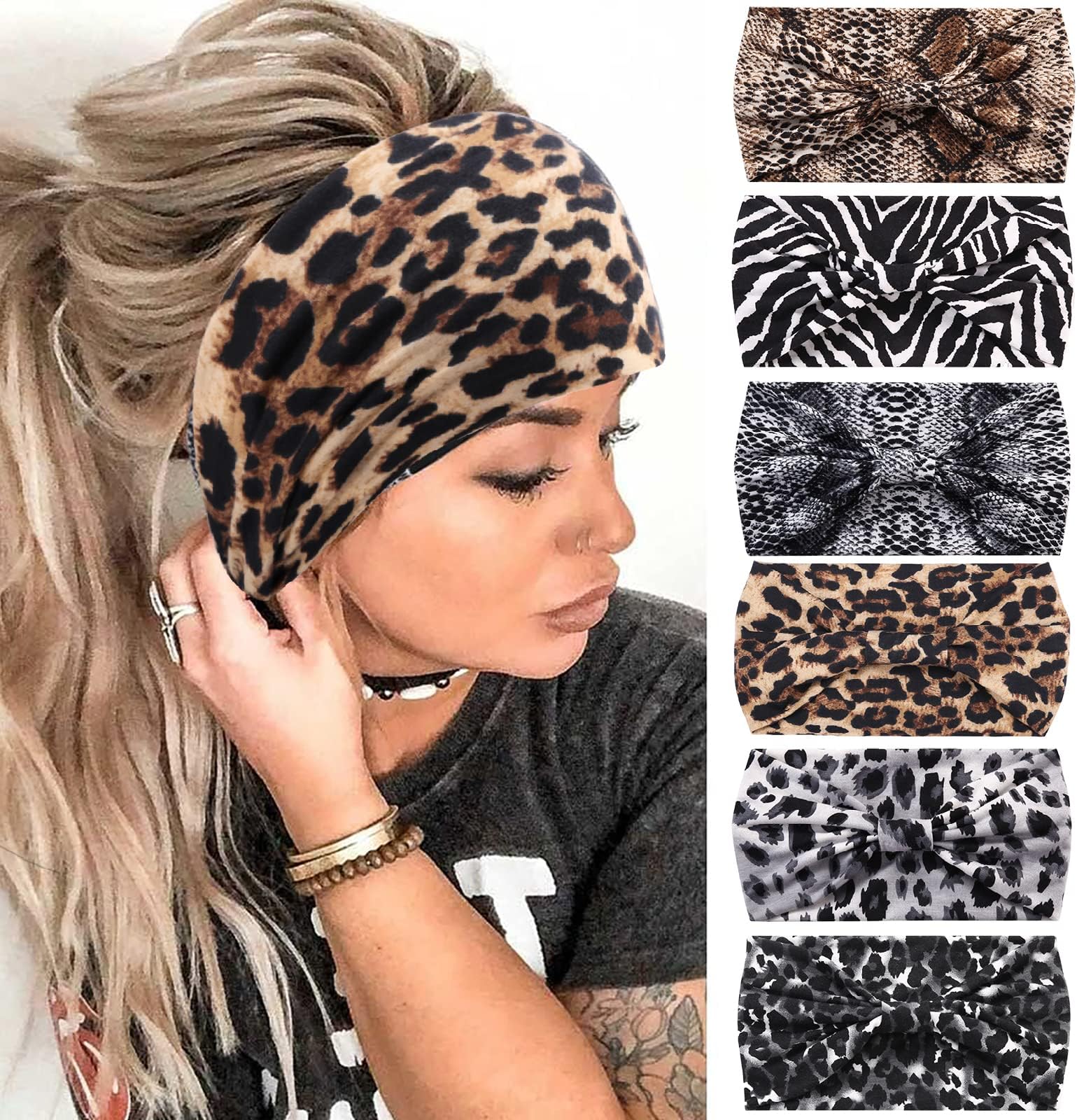 Headbands for Women, 6 PCS Wide Boho Headbands Elastic Bandana Non Slip Sweat Fashion Large Headwraps Hair Bands Headwear fit All Head Sizes for Workout, Sports, Running, Yoga (Set 3)