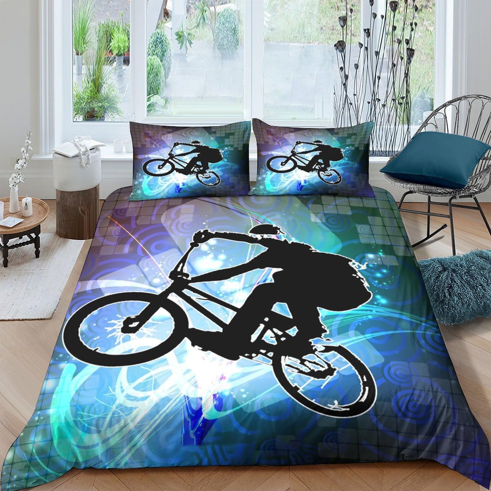 Ctjqhvkz Style-5 3D Printed Urban Bicycle Fitted Sheet Microfiber Anti-Slip Blue Graffiti Bed Cover For Bedroom Dorm Decor Single（135X200cm）
