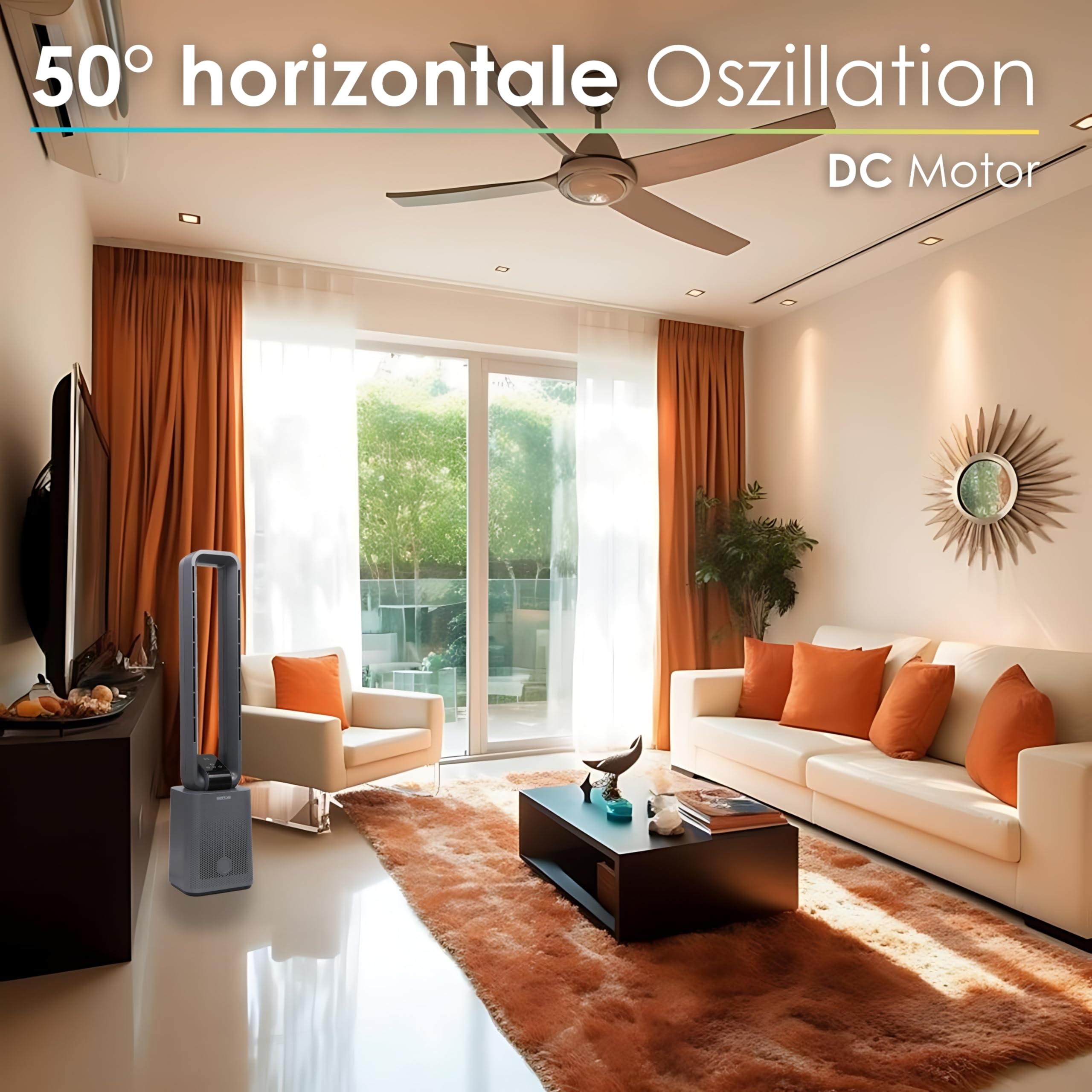 Echos Turmventilator sehr leise Ventilator leise DC Motor Fernbedienung Oszillierend LED-Display 3 Modi 12 Stufen Tower-Ventilator Säulenventilator Standventilator Luftkühler 15h Timer Tower Fan