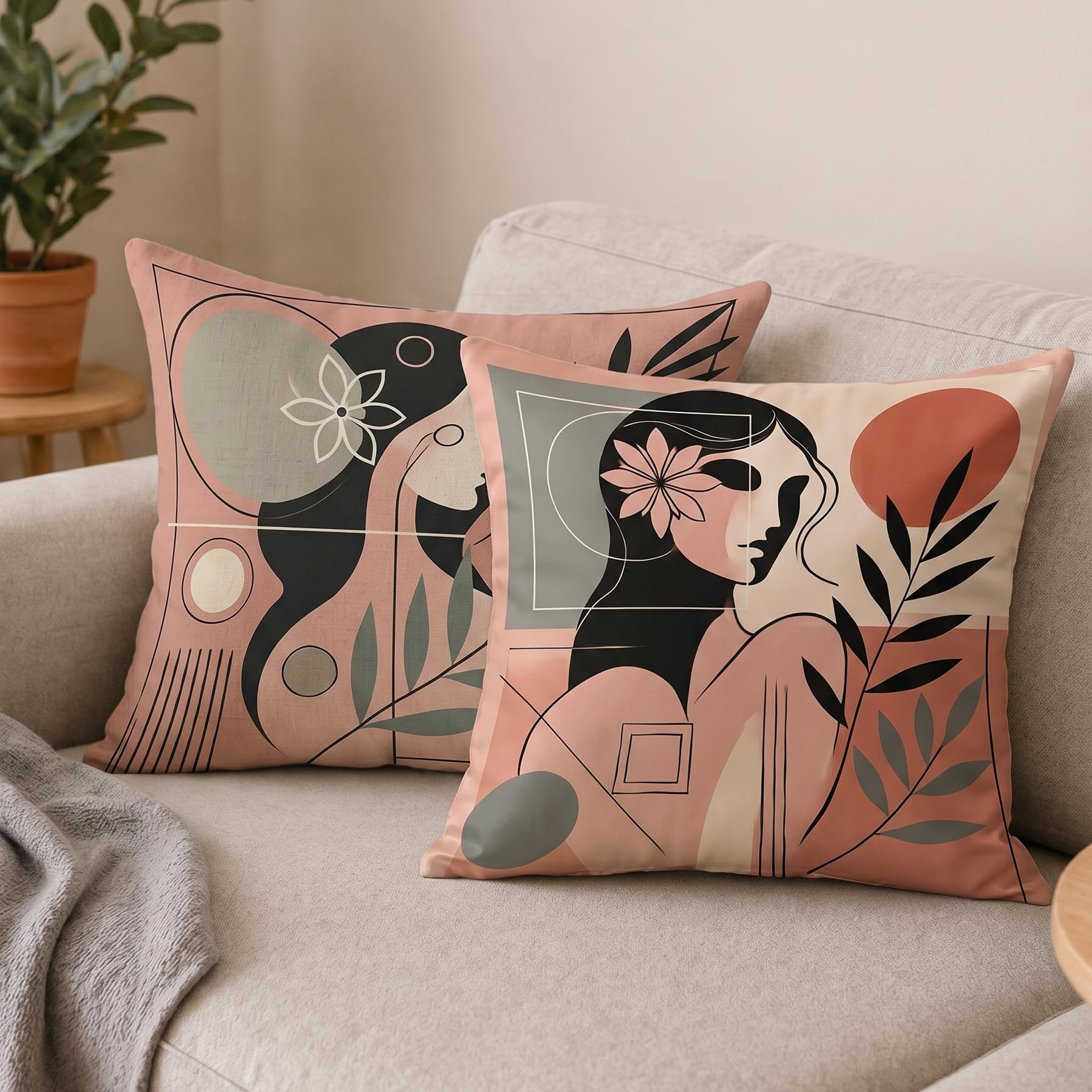 STITCHNEST Satin Cushion Covers Abstract Woman Art Print, 16x16 Inch, Modern Aesthetic Cushion Cover for Living Room (Pack of 2)