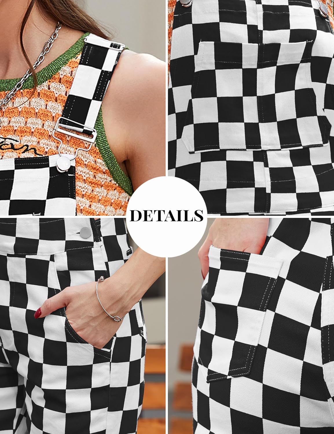 Bindefon Overalls for Women Checkered Pants Fashion Jumpsuits Stretchy Rompers Plaid Bib Coveralls - Image 7