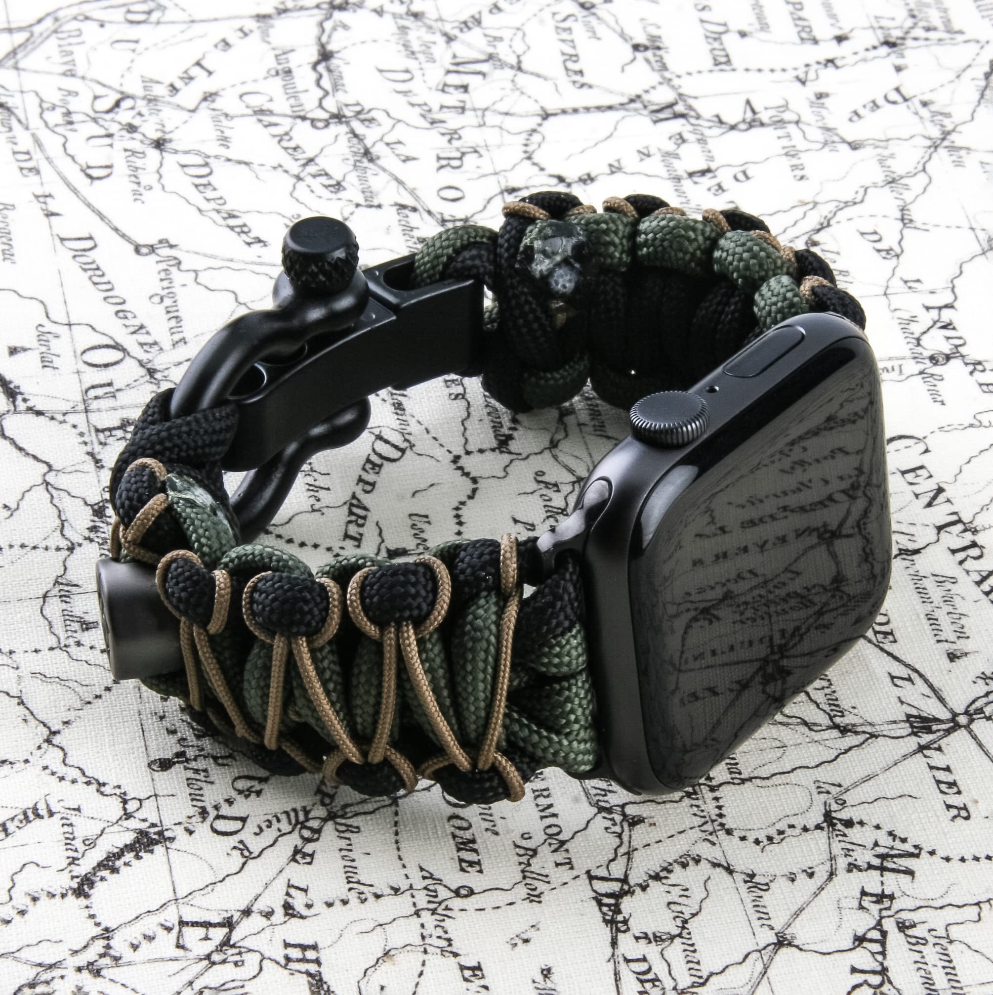 KORDIZ Survivor Pro - Correa de reloj de paracaídas compatible con Apple Watch de 42 mm, 44 mm, 45 mm, con grillete ajustable de acero inoxidable (negro/verde y micro coyote, M)