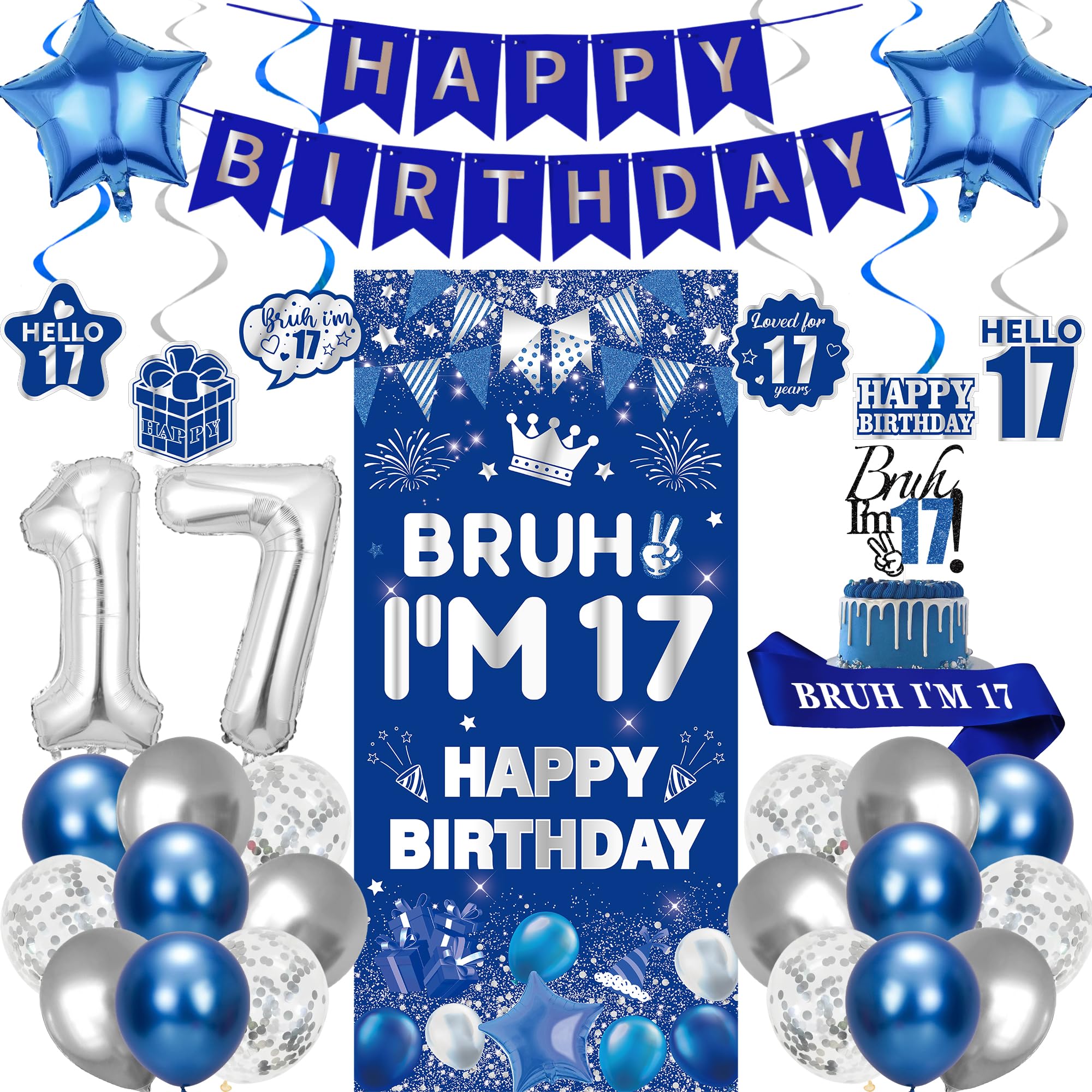 17th Birthday Decorations Boys Banner - 32 Pcs Blue Silver Balloon Set