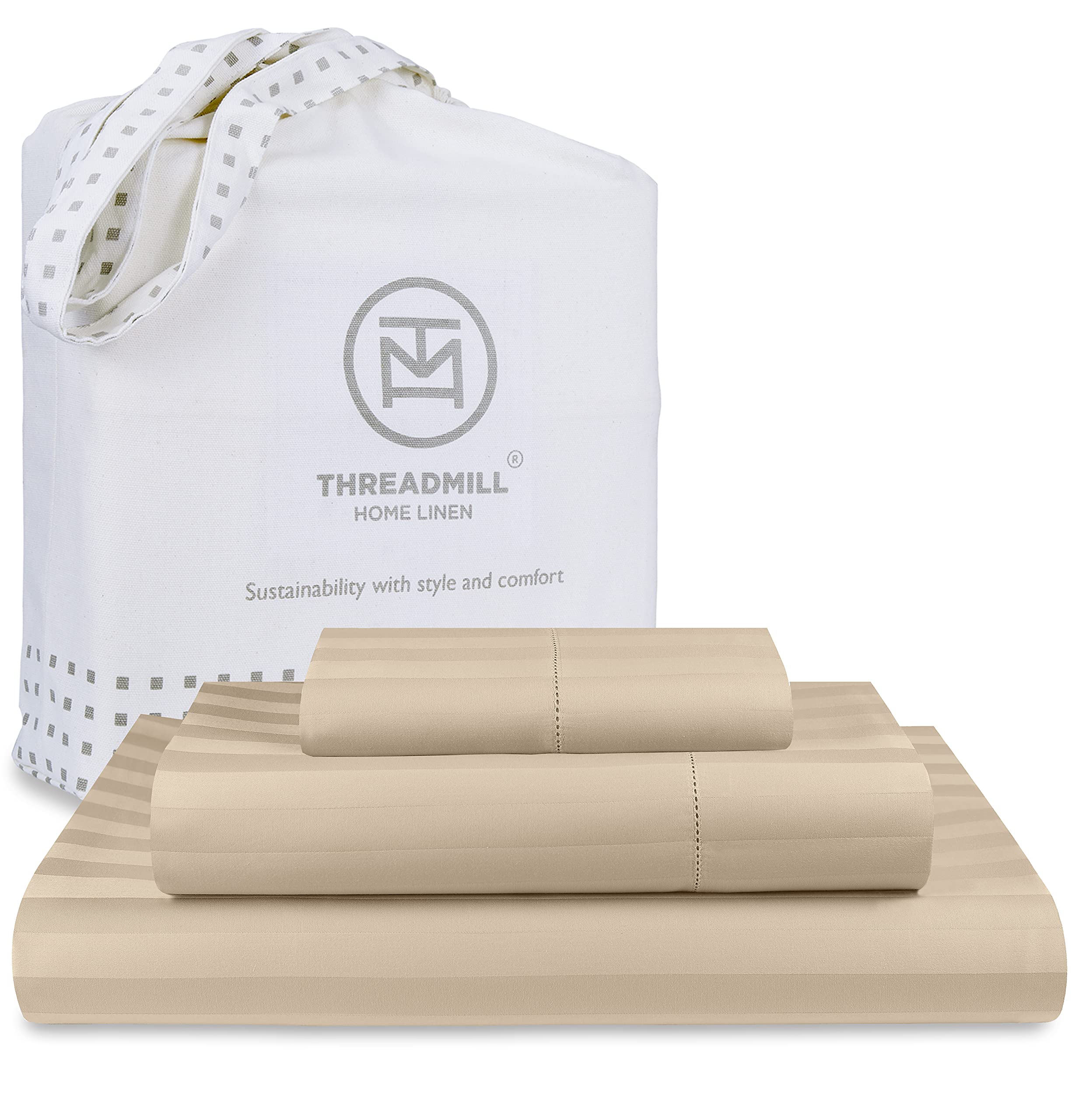 Threadmill 500 Thread Count Twin Size Damask Stripe, 3 Pc Luxury Cotton Bedding Set, Breathable Light Beige Sheets with 15" Elasticized Deep Pocket, 1 Pillowcase & Free Tote Bag
