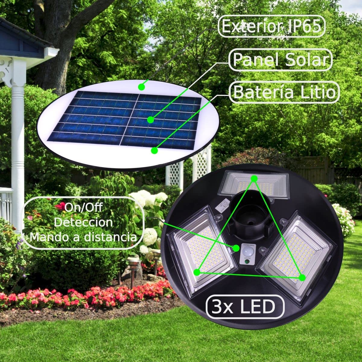 Jandei - Farola Solar LED 1500 Lúmenes, para Exterior IP65, Batería 12.000 mAH, Mando Incluidos, Sensor de Movimiento 6-8m, Iluminación Blanco Neutr 4200K, Parque, Jardín, Patio, Calles