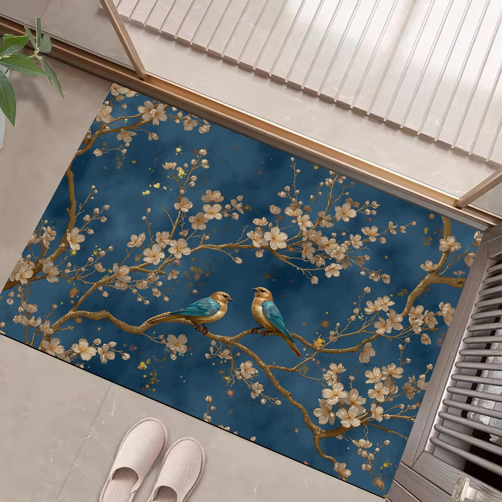 Paillasson d'entrée bleu foncé oiseaux feuille d'or pour un accueil chaleureux