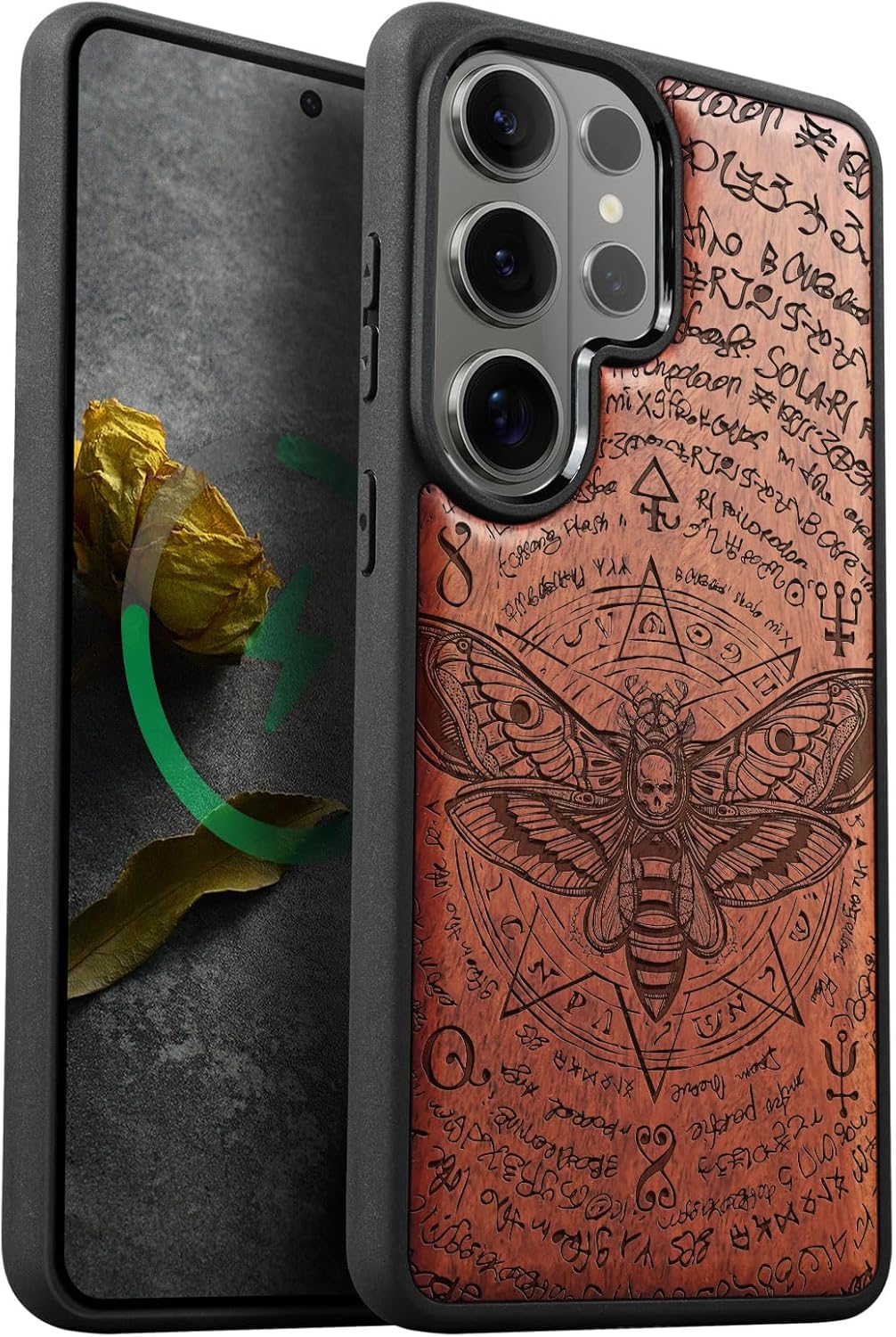 Carveit Magnetic Wooden Case for Samsung Galaxy S26 Ultra Case 2026, TPU Shockproof Cover & Wood Artisan Engraved, Compatible with MagSafe Wireless Chargers (Death's Head Moth) Rosy