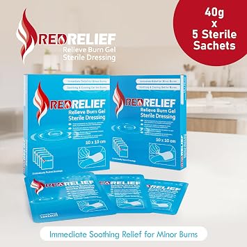 RedRelief Emergency Burn Dressing 10x10cm Pack of 5 - Cools, soothes and relieves Pain