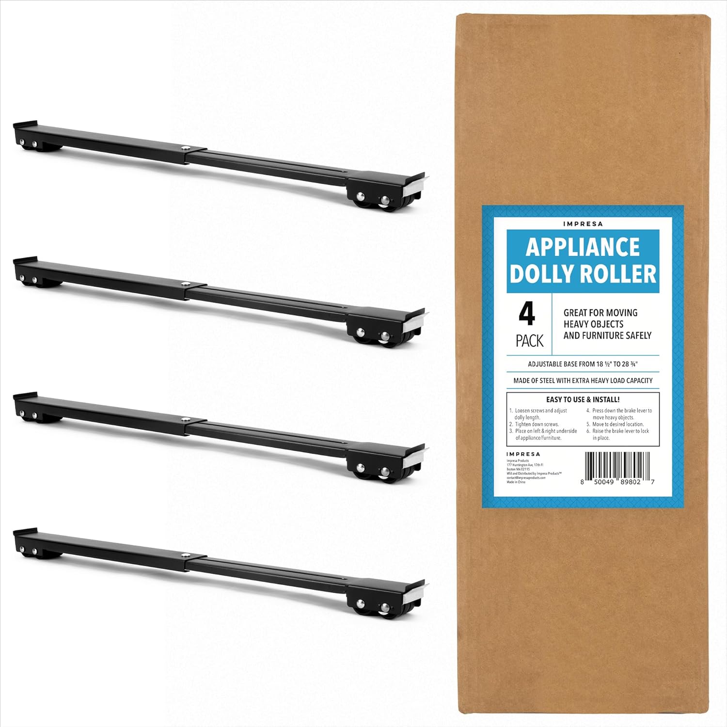 Impresa Pack of 4 XL Appliance Dolly Roller - Alloy Steel Adjustable 18.5-28.75 in Washing Machine Slider with Brake - 770 lb Capacity Heavy Duty Appliance Rollers - Low-Friction Furniture Sliders