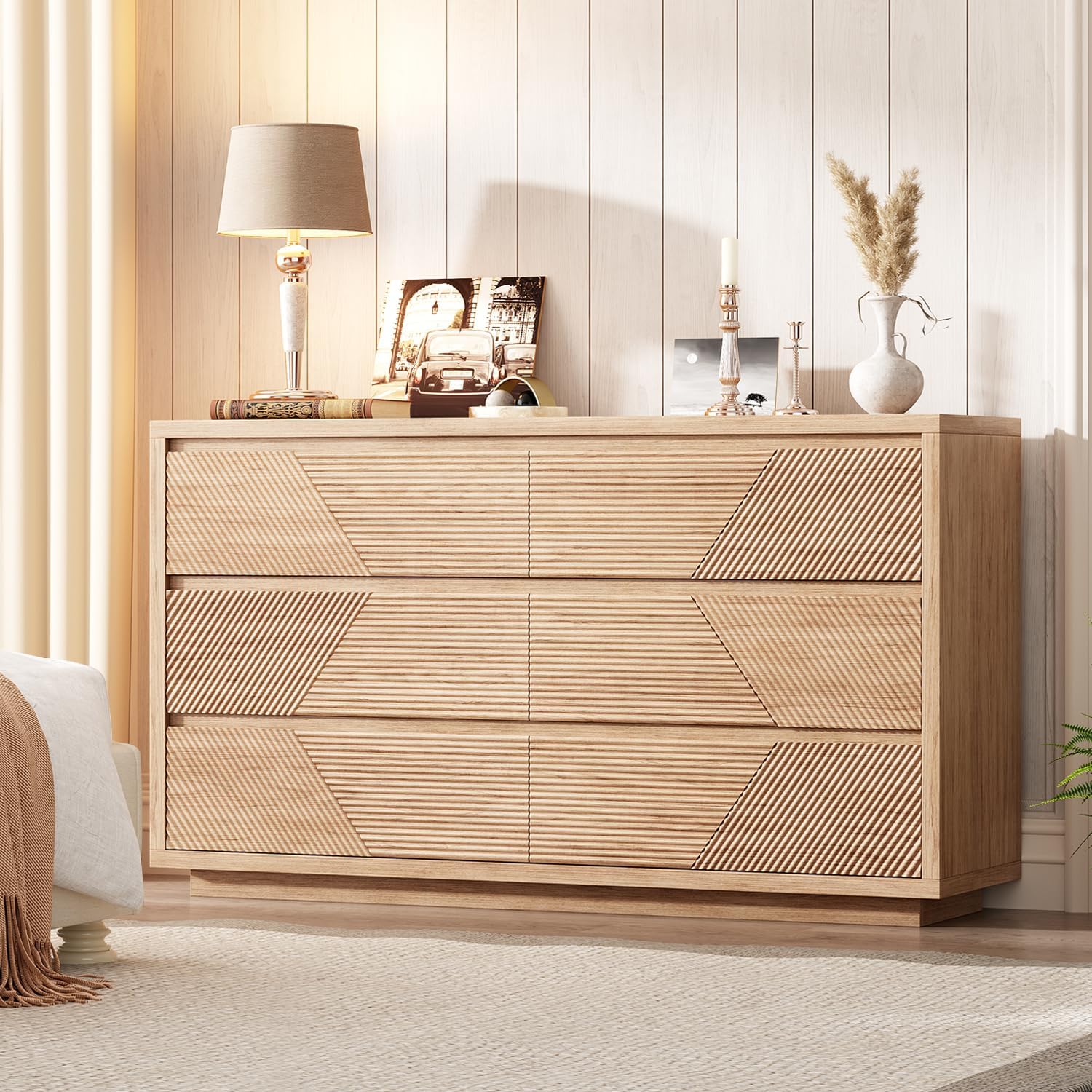 55.12" modern chest of drawer, 6 deep drawers,clothes organizer,large storage cabinet for living room, bedroom,dresser tv stand, wood drawer organizer for living room, hallway, natural oak