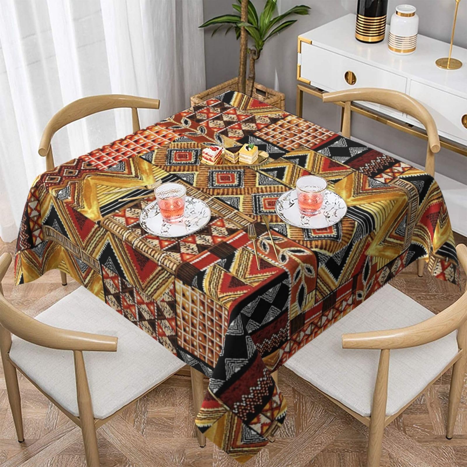 DCEHGEW African Textile Patchwork Prints Square Tablecloth 137x137 CM, Waterproof Fabric Table Cloth for Dining Table, Farmhouse Table Cover for Kitchen Dining Tabletop Decoration