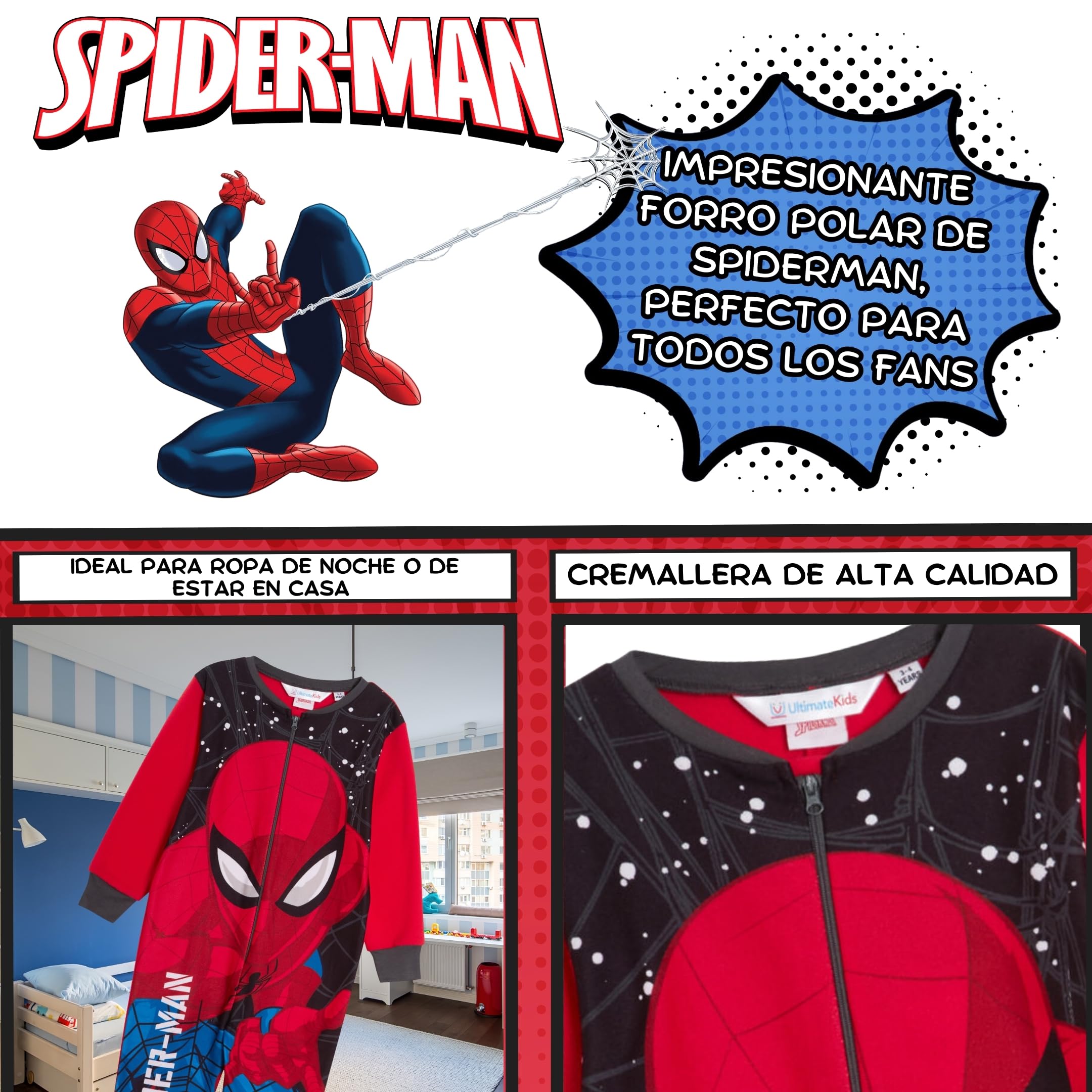 Marvel El Pijama Oficial de Spiderman para niños, de Forro Polar, Tipo Enterizo, Pijamas niños, PJs, con Cremallera, Ropa de Descanso