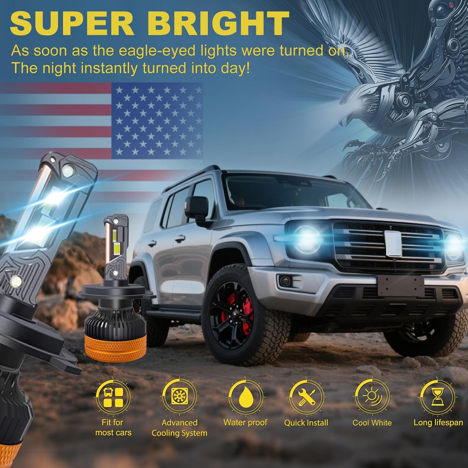 NS90 H4 Bulbs, 1:1 Halogen Size Off-Road Used Fog Light, 60000LM 12X and 70000Hrs Long Life, Pack of 2