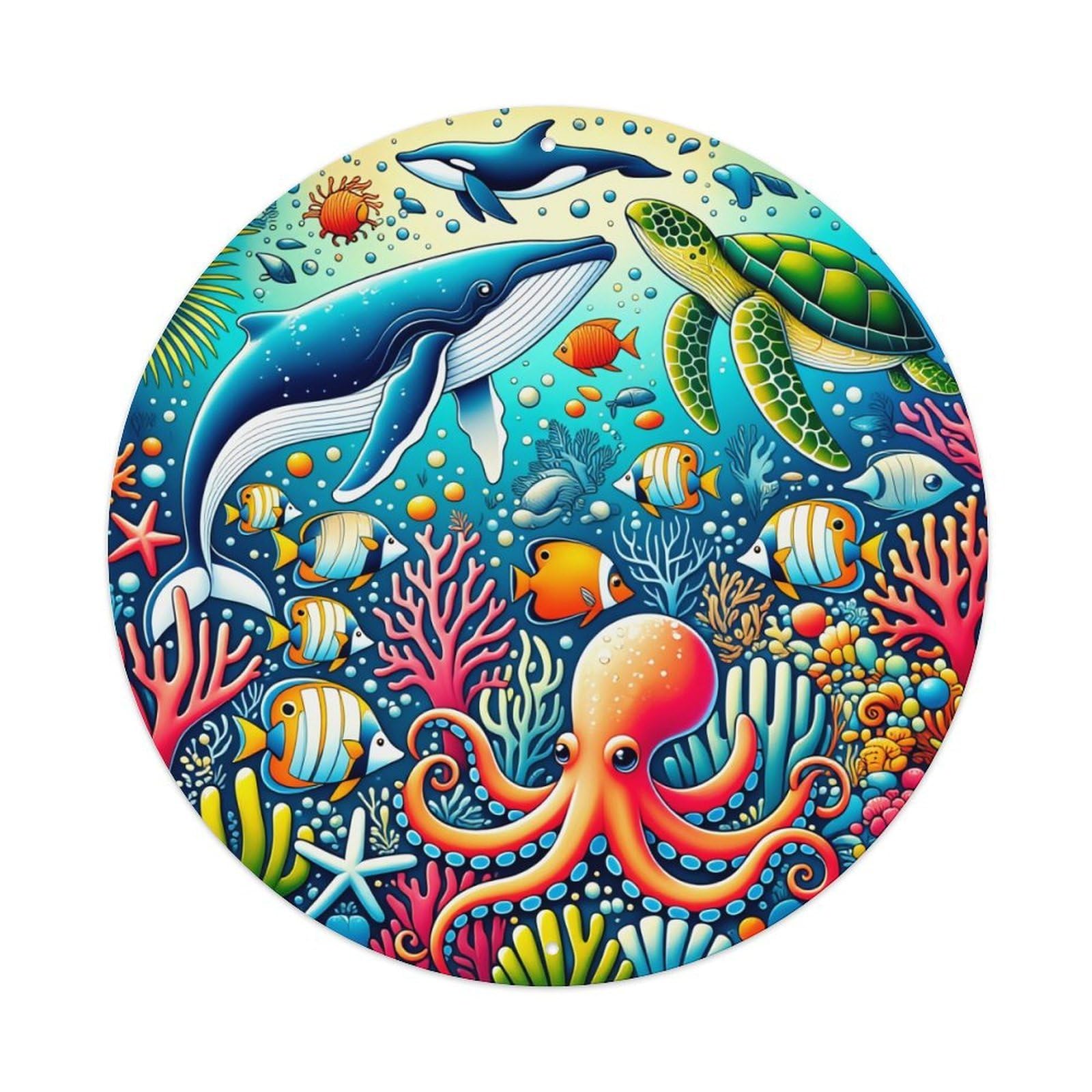 Jdfenggu Vintage Colorful Ocean Life Pattern Print Retro Metal Tin Sign, Metal Poster For Bar, Home, Man Cave, Kitchen, Laundry Room Art Decor 8X8 Inch