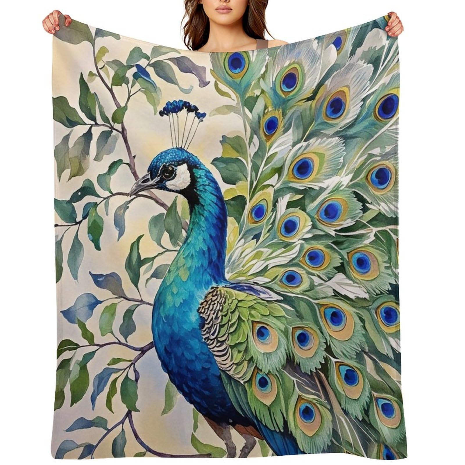 Flannel Peacock Watercolor Painting Throw Blanket for Couch Super Soft Fuzzy Cozy Flannel Blankets No Shed No Pilling FAnti-Static Winter Bed Blanket Decorative and Giftable Blankets