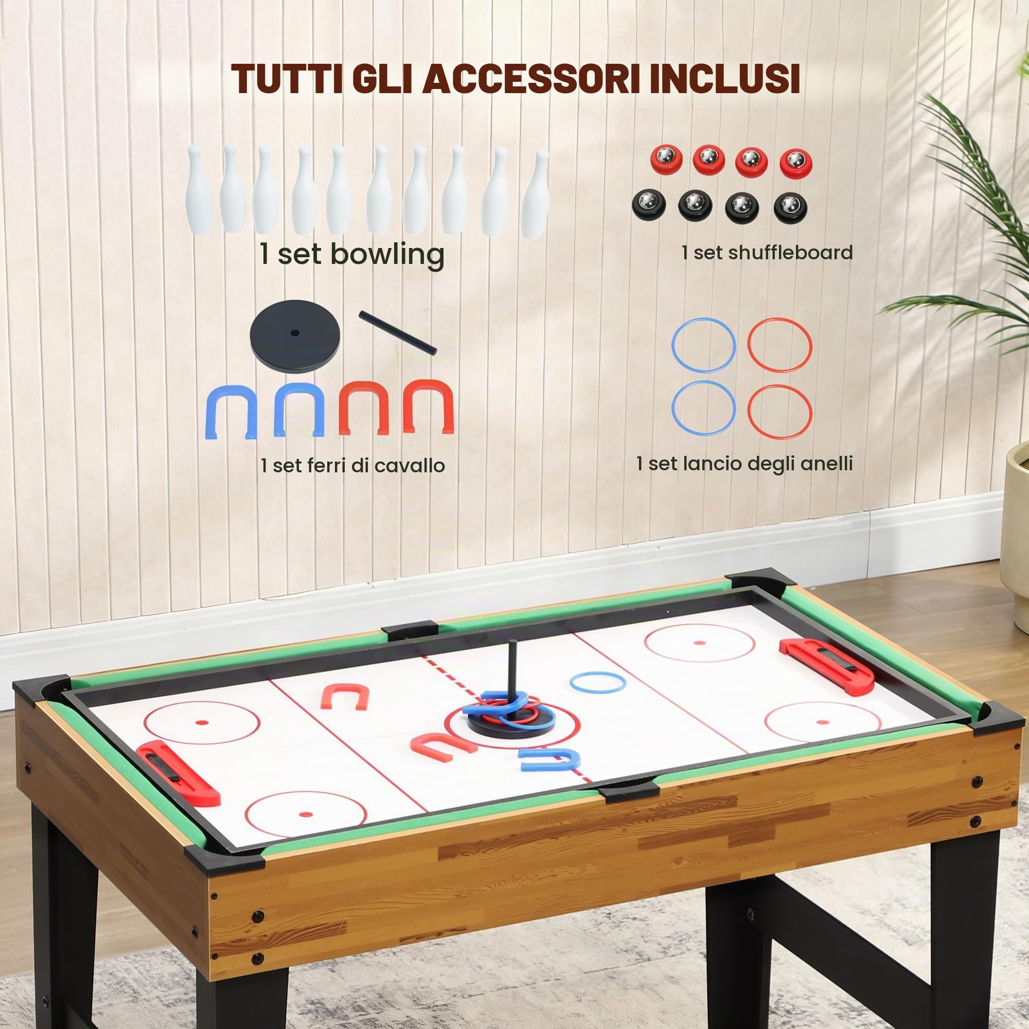 SPORTNOW Tavolo Multigioco 13 in 1 Multifunzione per Adulti Bambini | Tavolo da Gioco, Calcio Balilla, Biliardo, Ping Pong, Ice Hockey, Anelli, Scacchi, Backgammon, Dama, Bowling, Casa Scuola