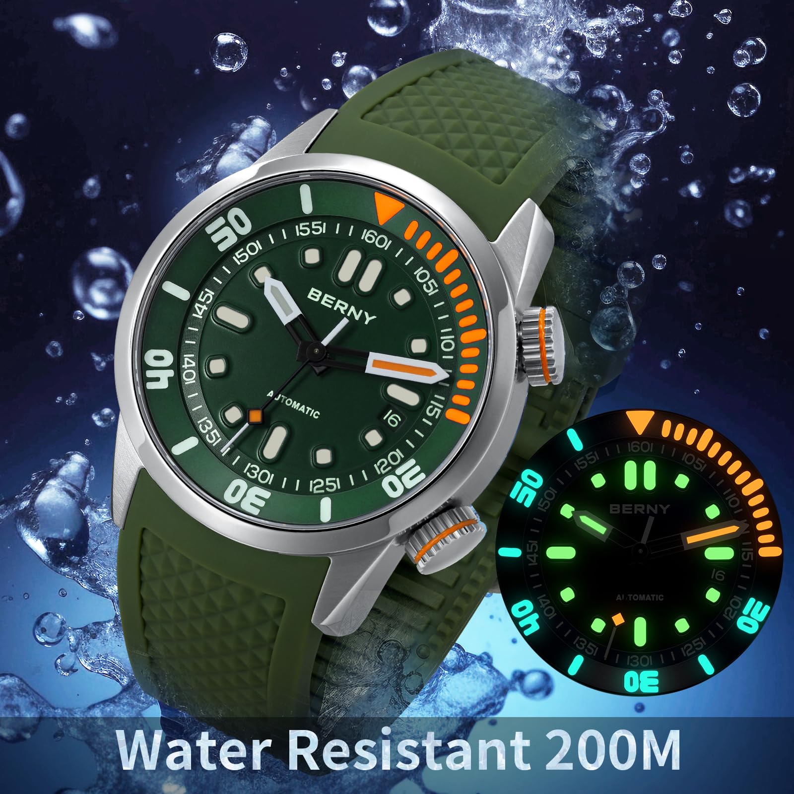 BERNY Orologio da uomo 20ATM Orologio subacqueo Movimento automatico Orologio da polso HV600 Durezza Vetro zaffiro Confortevole Cinturino in Silicone Orologi Super Luminosi Uomo