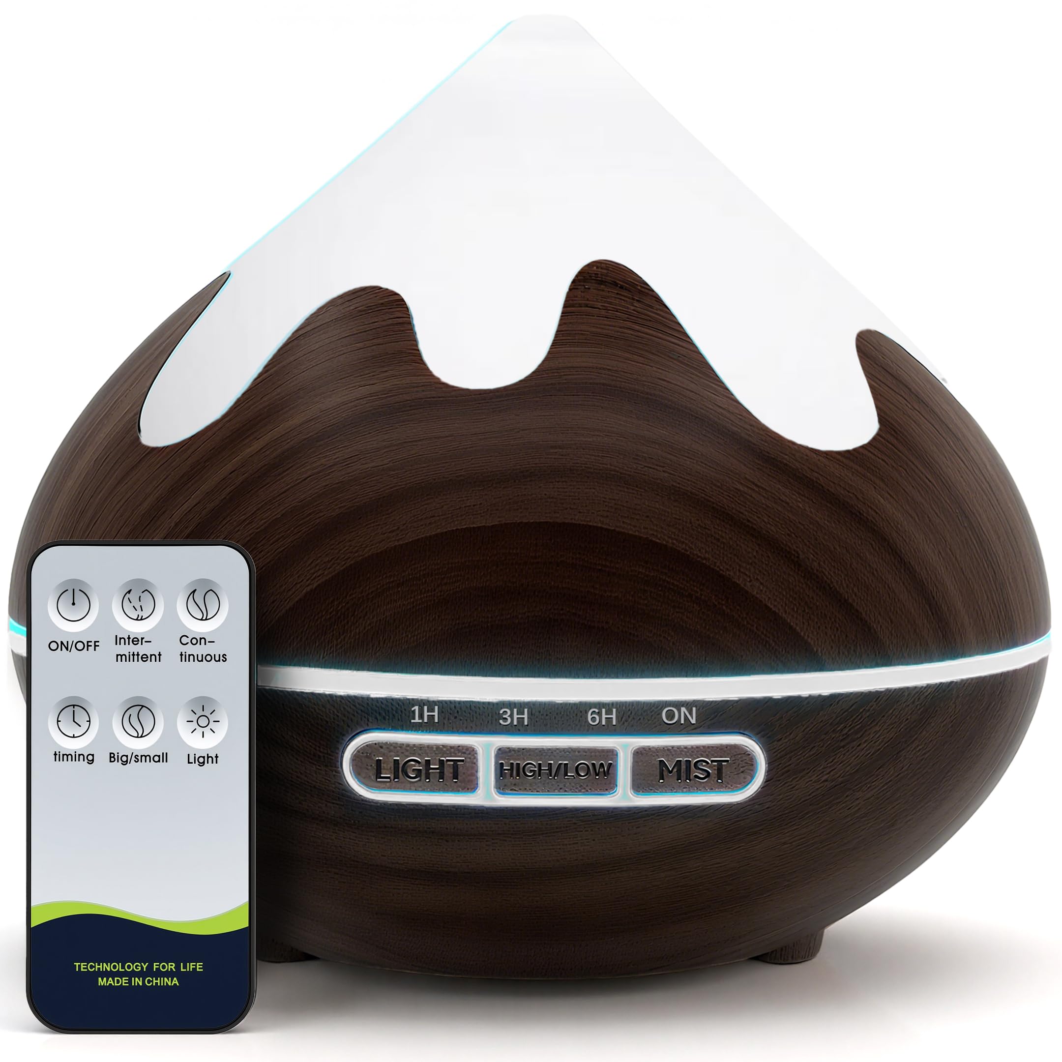 Diffusore di Oli Essenziali, 500ml aromatico a Grana di Legno, Ultrasuoni Aromaterapia con Luce Bianca Calda, Diffusore per Oli Essenziali Senza BPA, per Ufficio e Casa, Marrone Scuro