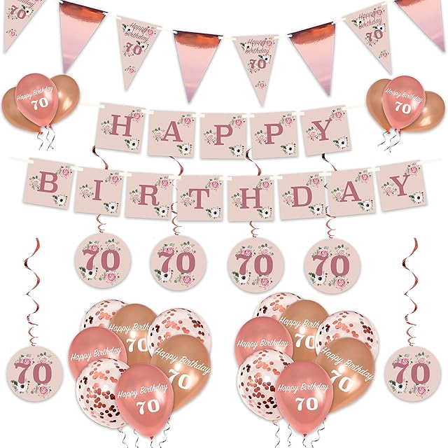 Blue Planet Fancy Dress 70th Birthday Decorations 20Pcs, Rose Gold Party, Pink & Floral Balloons, Flag Bunting, Floral Banner & Hanging Decorations for Girls and Women