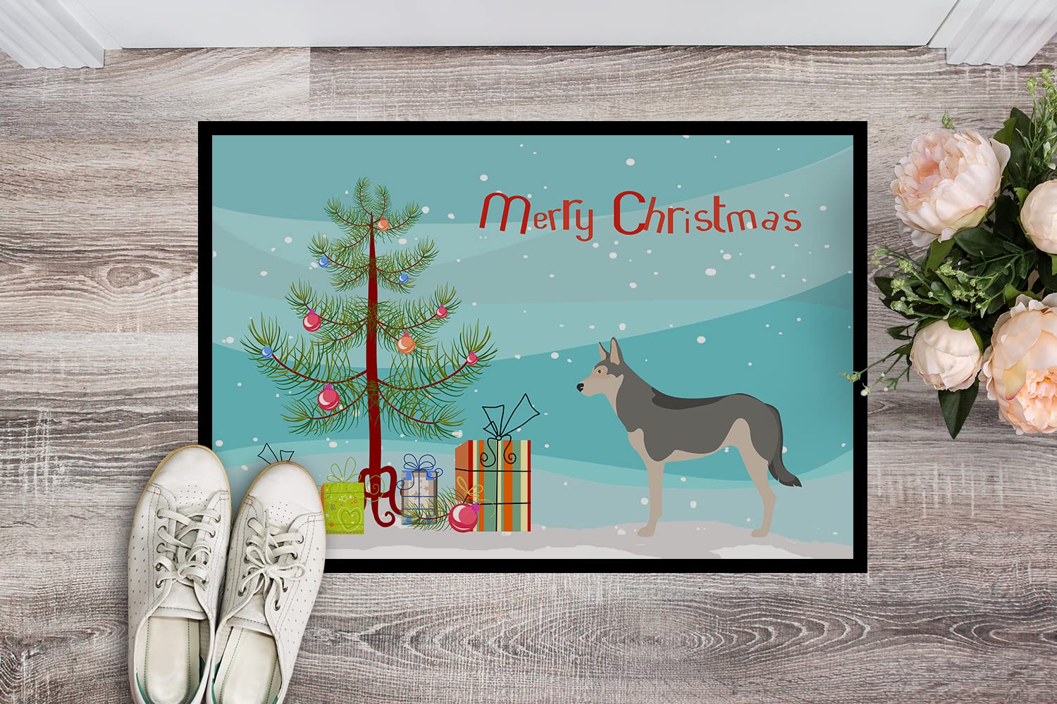 Caroline's Treasures BB8458MAT Saarloos Wolfdog Christmas Doormat 18x27 Front Door Mat Indoor Outdoor Rugs for Entryway, Non Slip Washable Low Pile, 18H X 27W