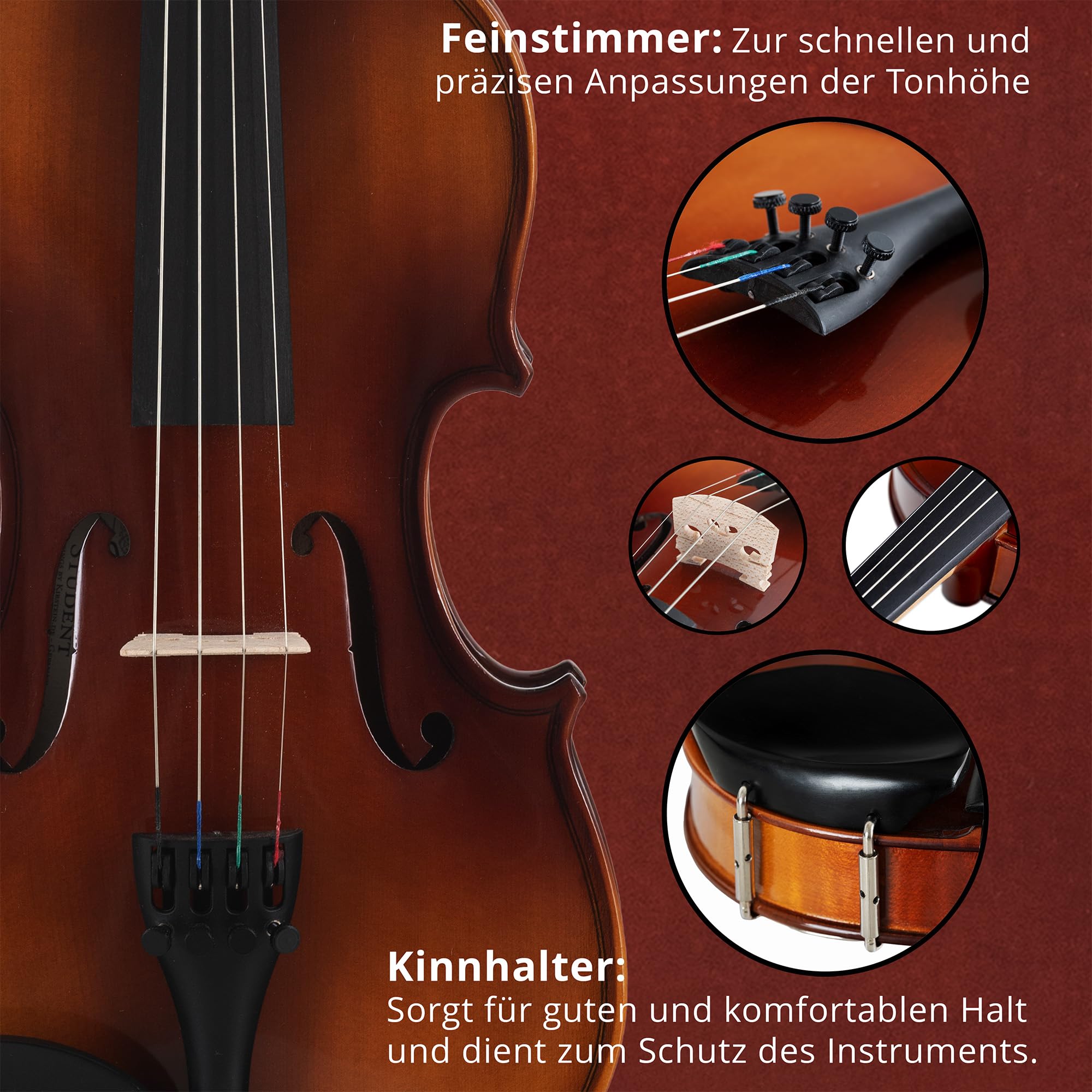 Classic Cantabile Student Violinenset 1/2 (Einsteiger/Schülerinstrument, Geige, Boden & Zargen aus Ahorn, Massive Fichtenholz Decke, Ahorn Steg, Inkl. Etui, Bogen und Kolofonium)